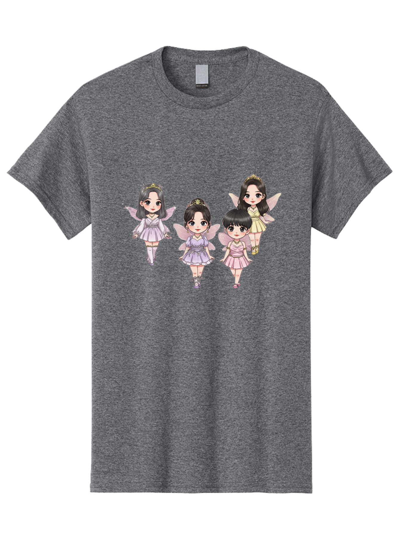 Four-Kawaii-Girls Men'S Graphic Tee, 100% Cotton, Comfortable Casual Summer Wear, Machine Washable, Cute Cartoon Characters, Fairy Illustrations, Pastel Colors, Whimsical Designs, Anime-Inspired Art, Delicate Wings, Princess Tiaras, Bab914