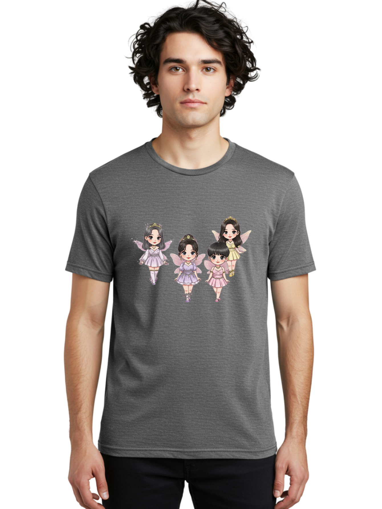 Four-Kawaii-Girls Men'S Graphic Tee, 100% Cotton, Comfortable Casual Summer Wear, Machine Washable, Cute Cartoon Characters, Fairy Illustrations, Pastel Colors, Whimsical Designs, Anime-Inspired Art, Delicate Wings, Princess Tiaras, Bab914