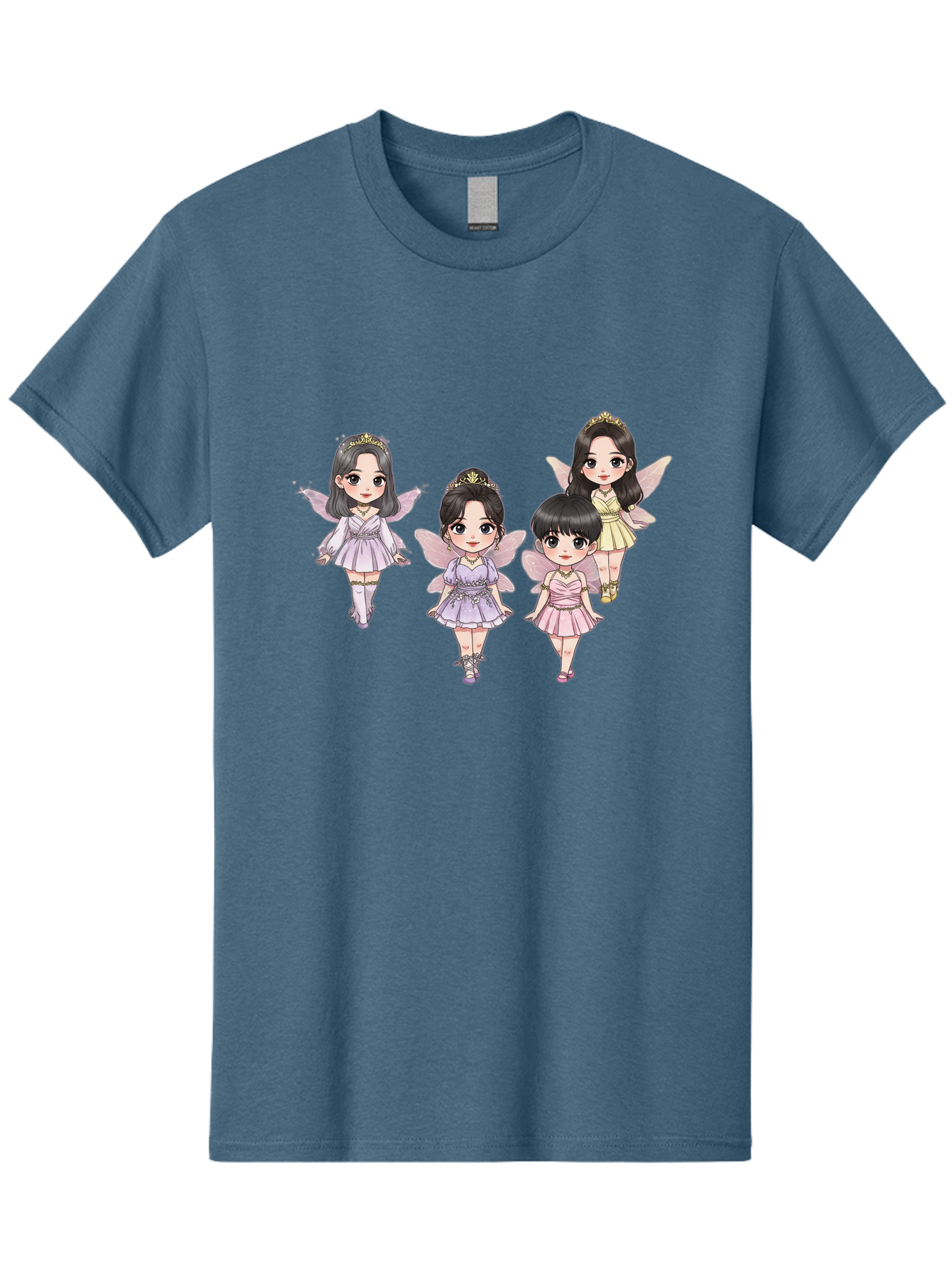 Four-Kawaii-Girls Men'S Graphic Tee, 100% Cotton, Comfortable Casual Summer Wear, Machine Washable, Cute Cartoon Characters, Fairy Illustrations, Pastel Colors, Whimsical Designs, Anime-Inspired Art, Delicate Wings, Princess Tiaras, Bab914