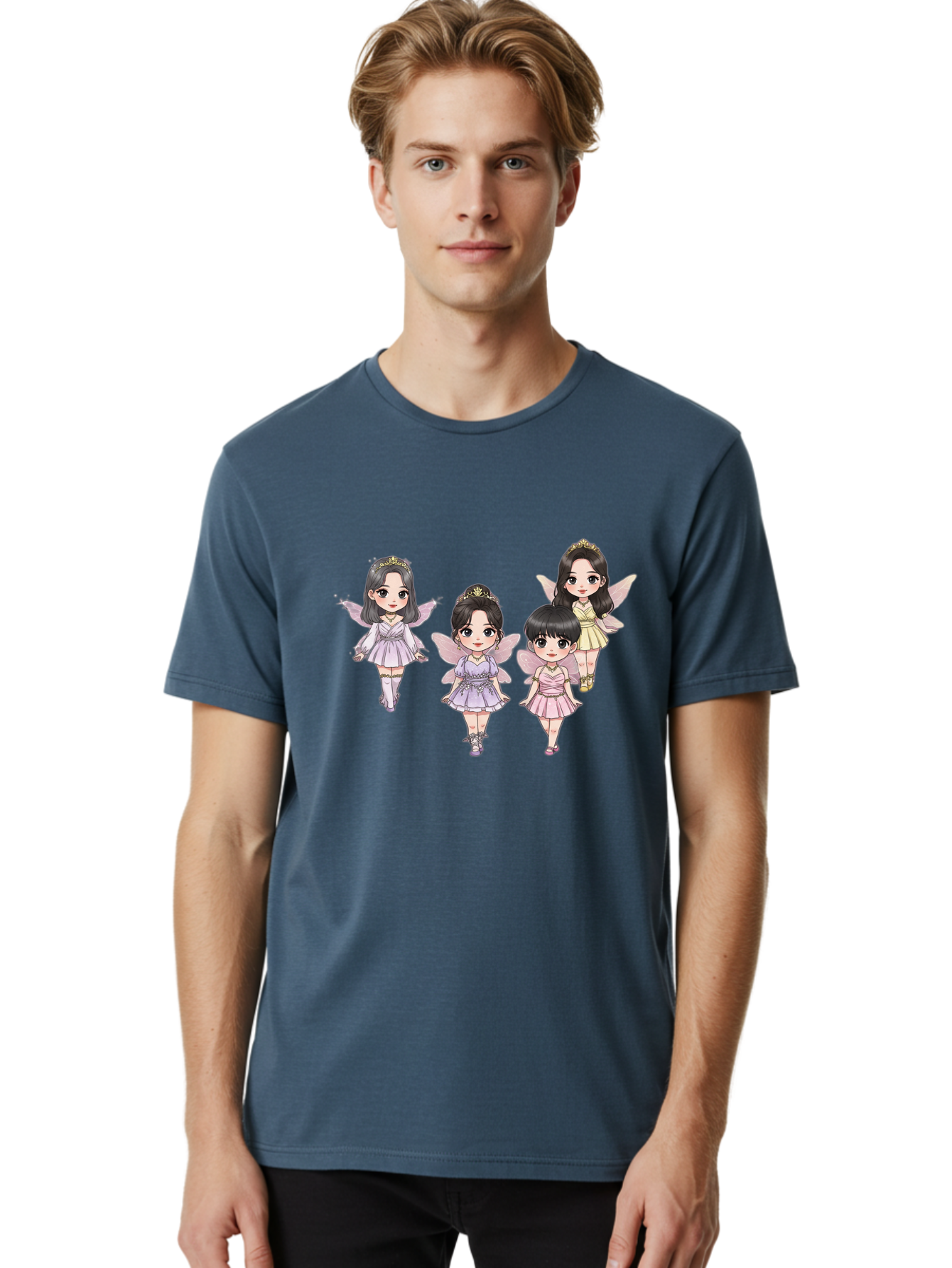 Four-Kawaii-Girls Men'S Graphic Tee, 100% Cotton, Comfortable Casual Summer Wear, Machine Washable, Cute Cartoon Characters, Fairy Illustrations, Pastel Colors, Whimsical Designs, Anime-Inspired Art, Delicate Wings, Princess Tiaras, Bab914