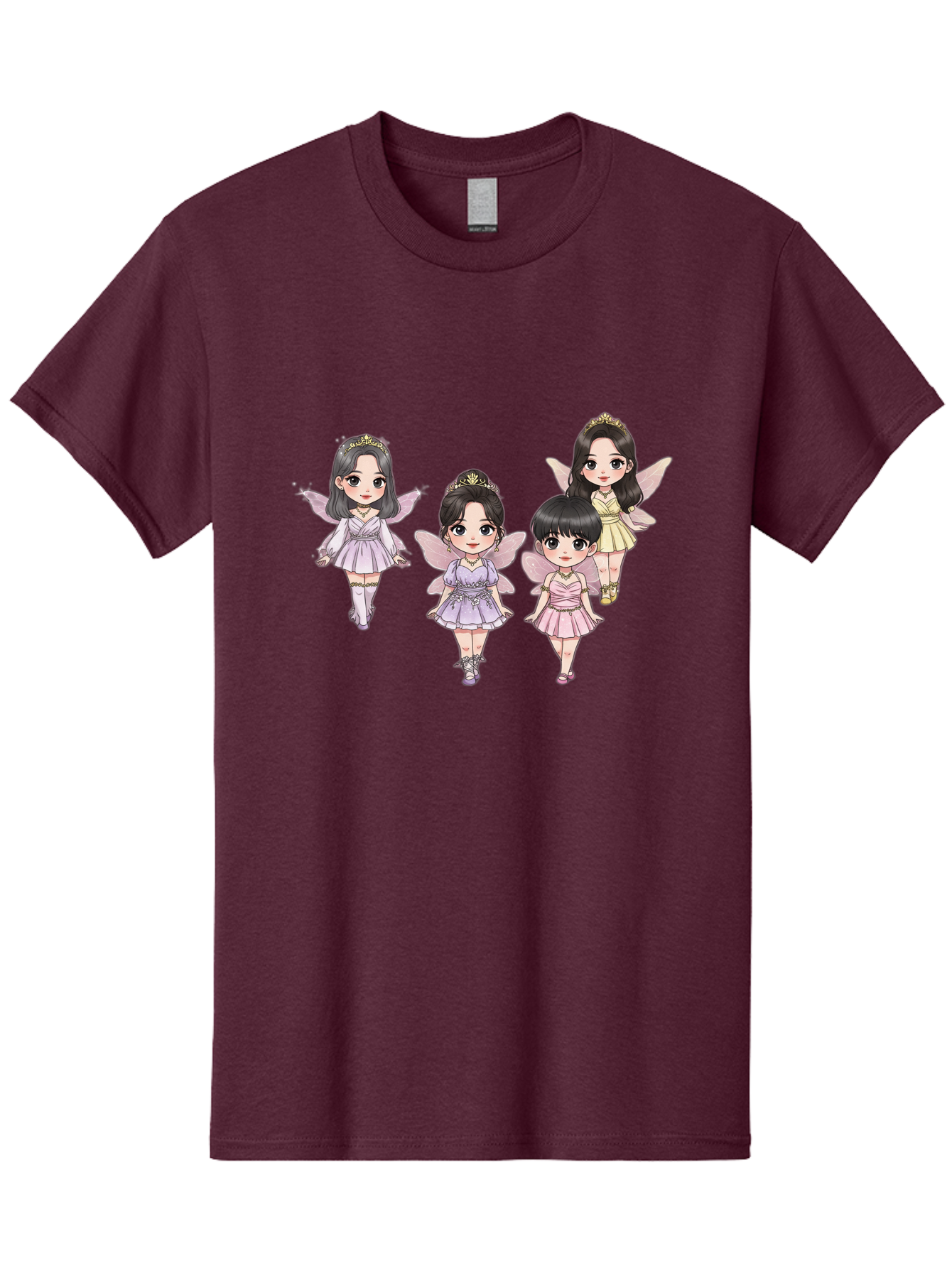 Four-Kawaii-Girls Men'S Graphic Tee, 100% Cotton, Comfortable Casual Summer Wear, Machine Washable, Cute Cartoon Characters, Fairy Illustrations, Pastel Colors, Whimsical Designs, Anime-Inspired Art, Delicate Wings, Princess Tiaras, Bab914