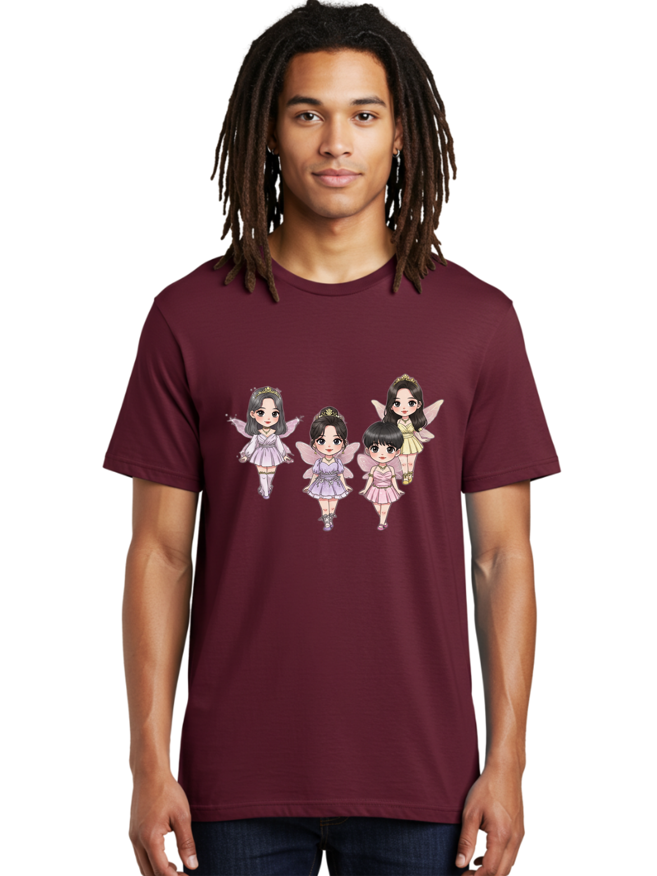 Four-Kawaii-Girls Men'S Graphic Tee, 100% Cotton, Comfortable Casual Summer Wear, Machine Washable, Cute Cartoon Characters, Fairy Illustrations, Pastel Colors, Whimsical Designs, Anime-Inspired Art, Delicate Wings, Princess Tiaras, Bab914