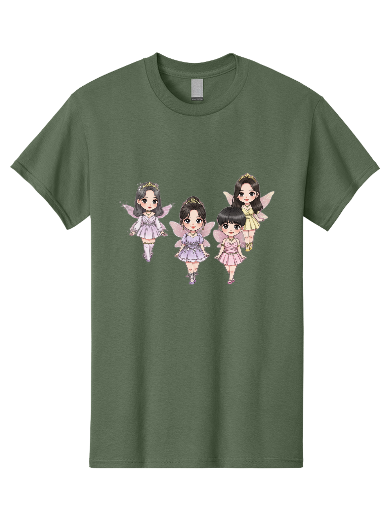Four-Kawaii-Girls Men'S Graphic Tee, 100% Cotton, Comfortable Casual Summer Wear, Machine Washable, Cute Cartoon Characters, Fairy Illustrations, Pastel Colors, Whimsical Designs, Anime-Inspired Art, Delicate Wings, Princess Tiaras, Bab914