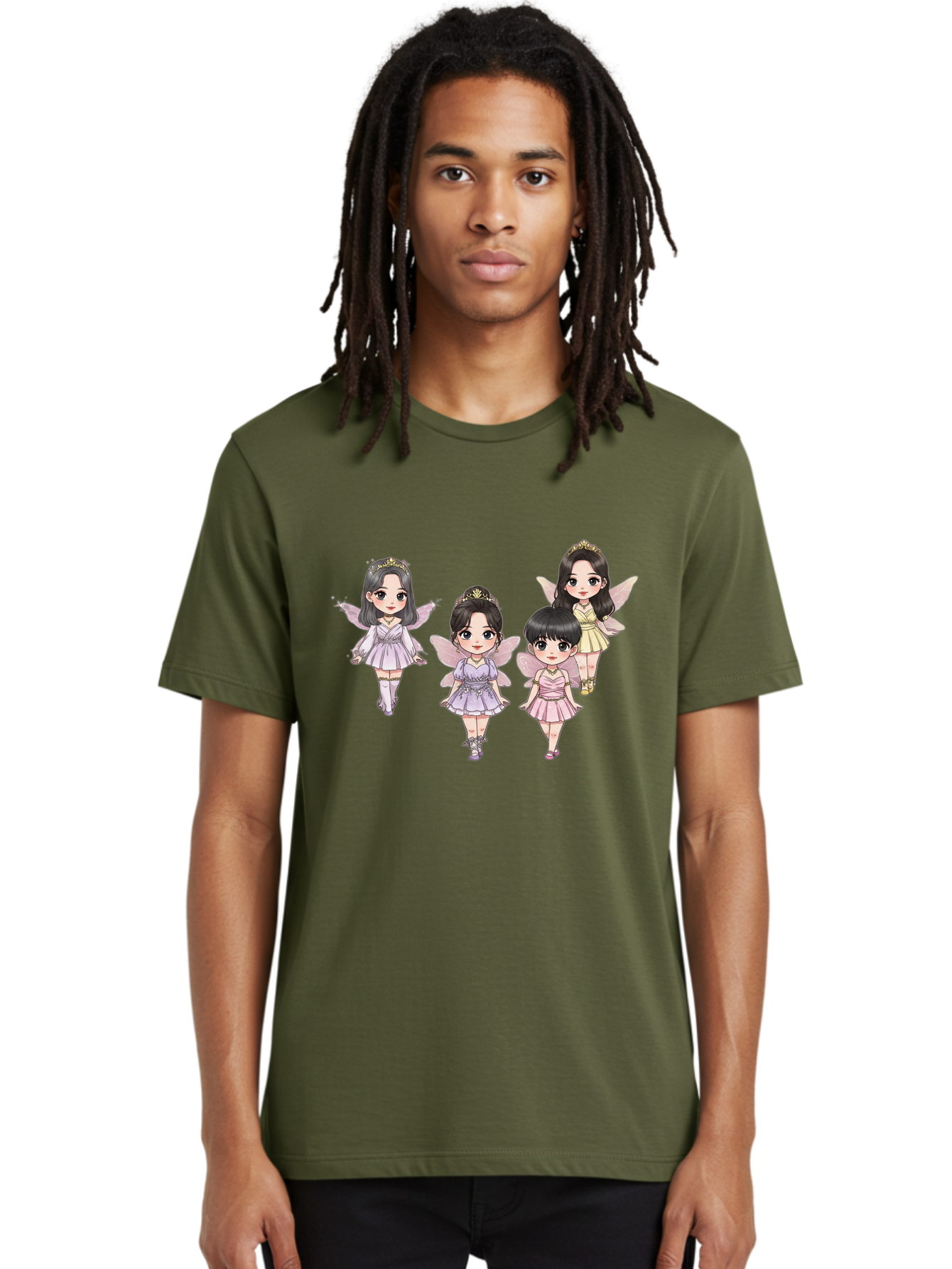 Four-Kawaii-Girls Men'S Graphic Tee, 100% Cotton, Comfortable Casual Summer Wear, Machine Washable, Cute Cartoon Characters, Fairy Illustrations, Pastel Colors, Whimsical Designs, Anime-Inspired Art, Delicate Wings, Princess Tiaras, Bab914