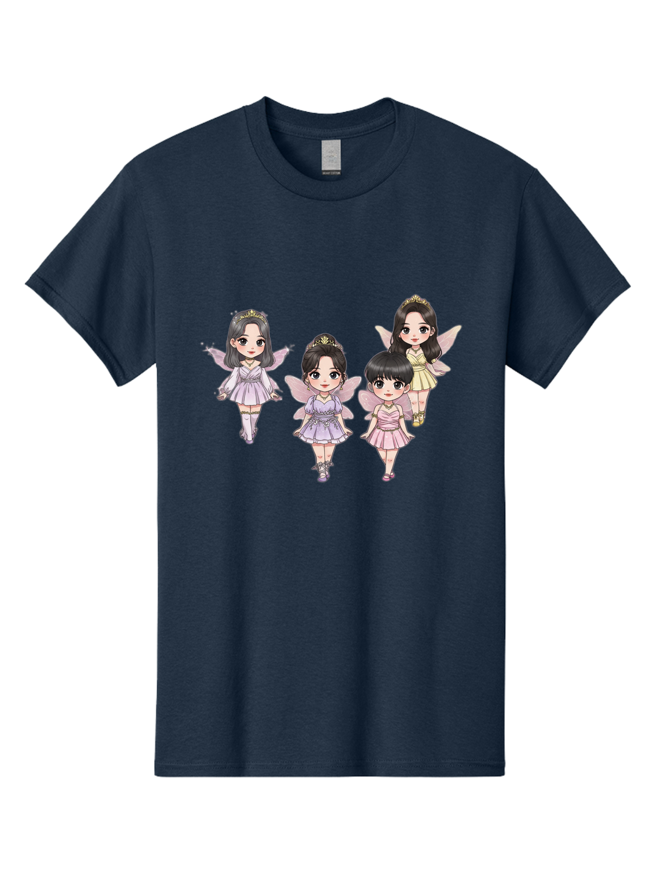 Four-Kawaii-Girls Men'S Graphic Tee, 100% Cotton, Comfortable Casual Summer Wear, Machine Washable, Cute Cartoon Characters, Fairy Illustrations, Pastel Colors, Whimsical Designs, Anime-Inspired Art, Delicate Wings, Princess Tiaras, Bab914