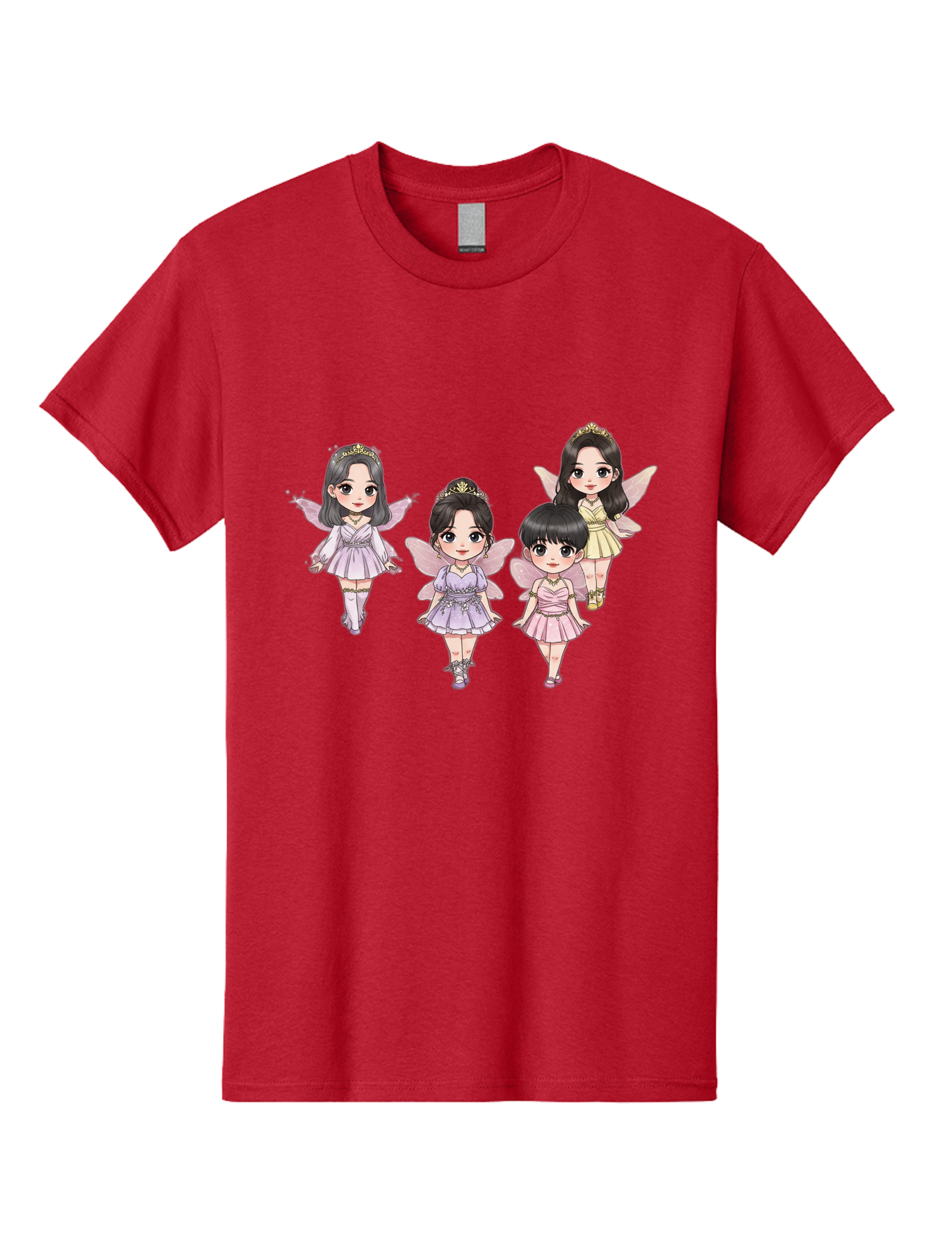 Four-Kawaii-Girls Men'S Graphic Tee, 100% Cotton, Comfortable Casual Summer Wear, Machine Washable, Cute Cartoon Characters, Fairy Illustrations, Pastel Colors, Whimsical Designs, Anime-Inspired Art, Delicate Wings, Princess Tiaras, Bab914