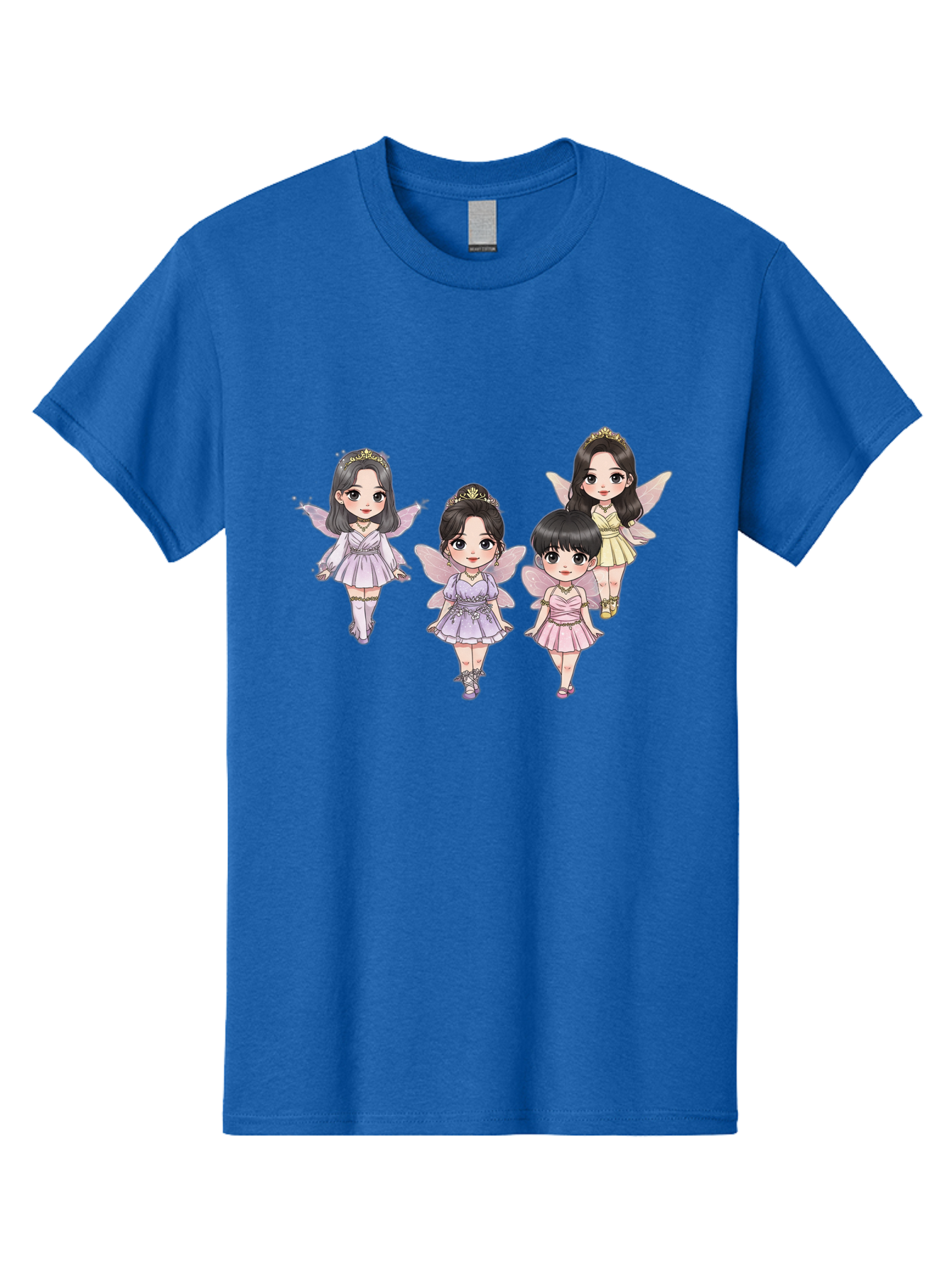 Four-Kawaii-Girls Men'S Graphic Tee, 100% Cotton, Comfortable Casual Summer Wear, Machine Washable, Cute Cartoon Characters, Fairy Illustrations, Pastel Colors, Whimsical Designs, Anime-Inspired Art, Delicate Wings, Princess Tiaras, Bab914