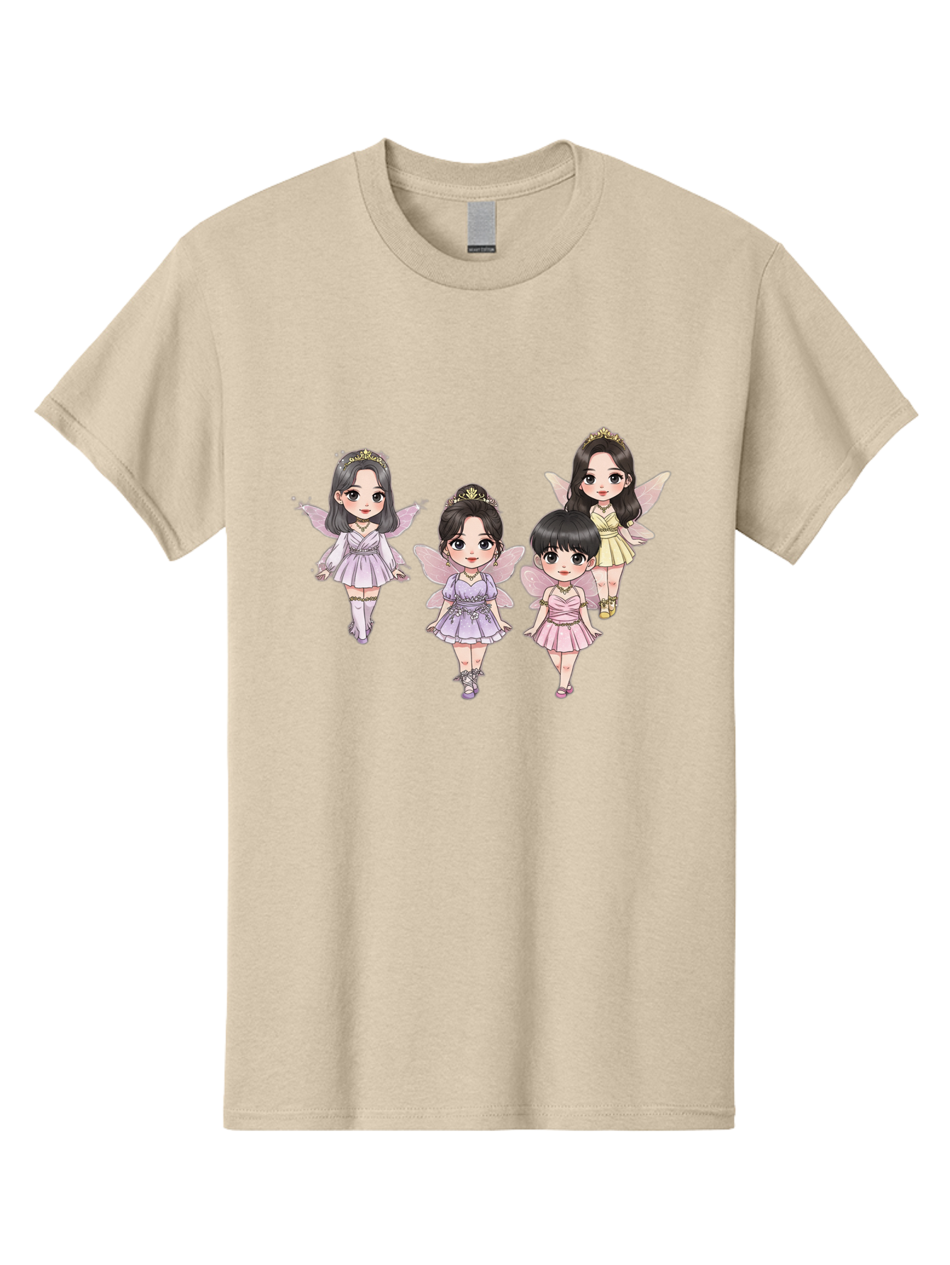 Four-Kawaii-Girls Men'S Graphic Tee, 100% Cotton, Comfortable Casual Summer Wear, Machine Washable, Cute Cartoon Characters, Fairy Illustrations, Pastel Colors, Whimsical Designs, Anime-Inspired Art, Delicate Wings, Princess Tiaras, Bab914