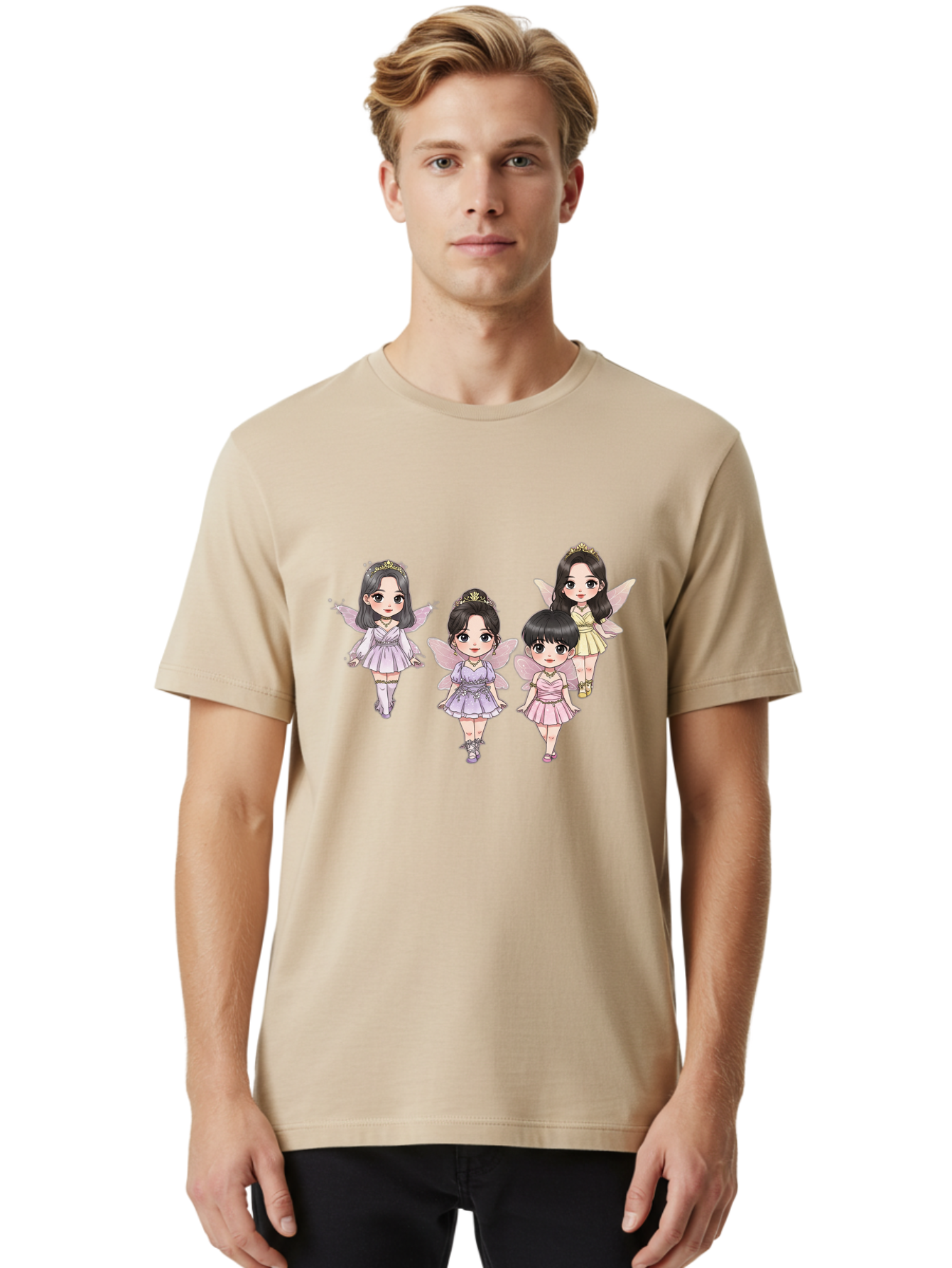 Four-Kawaii-Girls Men'S Graphic Tee, 100% Cotton, Comfortable Casual Summer Wear, Machine Washable, Cute Cartoon Characters, Fairy Illustrations, Pastel Colors, Whimsical Designs, Anime-Inspired Art, Delicate Wings, Princess Tiaras, Bab914