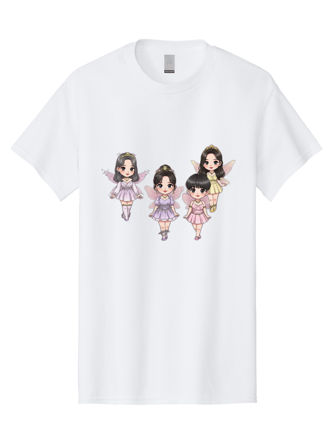 Four-Kawaii-Girls Men'S Graphic Tee, 100% Cotton, Comfortable Casual Summer Wear, Machine Washable, Cute Cartoon Characters, Fairy Illustrations, Pastel Colors, Whimsical Designs, Anime-Inspired Art, Delicate Wings, Princess Tiaras, Bab914
