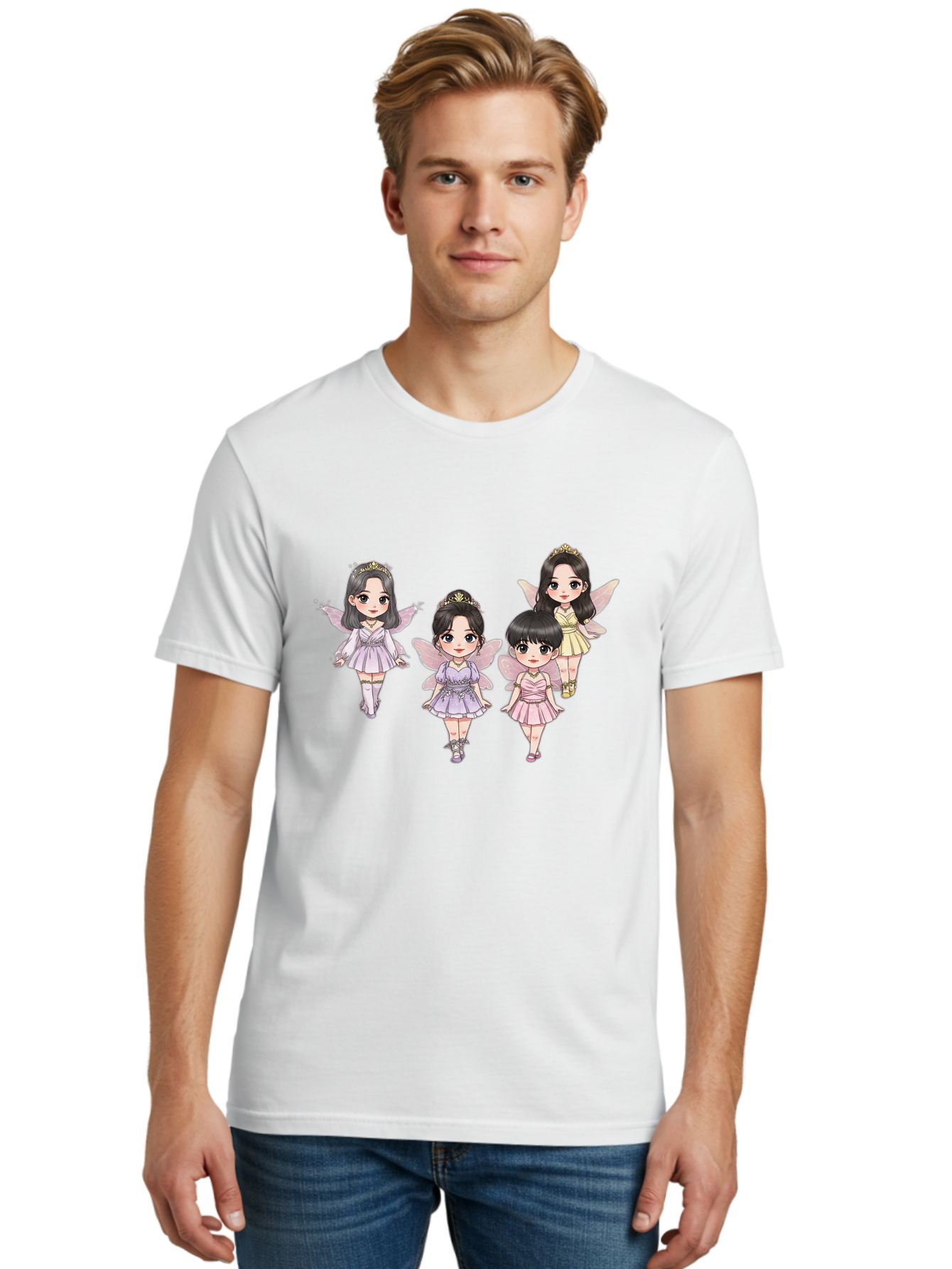 Four-Kawaii-Girls Men'S Graphic Tee, 100% Cotton, Comfortable Casual Summer Wear, Machine Washable, Cute Cartoon Characters, Fairy Illustrations, Pastel Colors, Whimsical Designs, Anime-Inspired Art, Delicate Wings, Princess Tiaras, Bab914