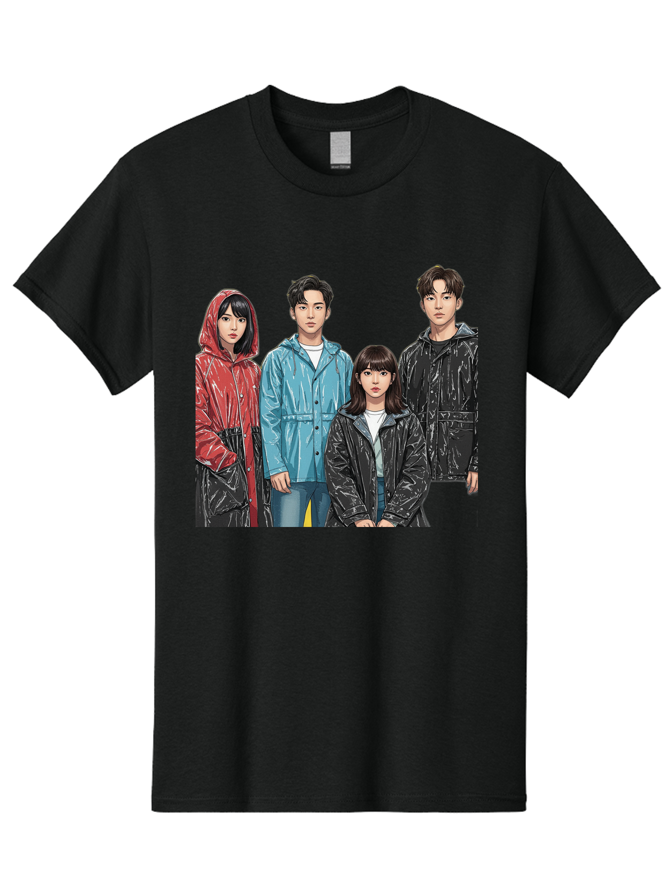 Four-People-In-Raincoats Men'S Graphic Tee, 100% Cotton, Comfortable Casual Summer Wear, Machine Washable, K-Pop Fashion, Raincoats, Youth Culture, Group Portrait, Black Hair, Stylish Clothing, Modern Teenagers, Trendy Outfits, Urban Style, Bab915