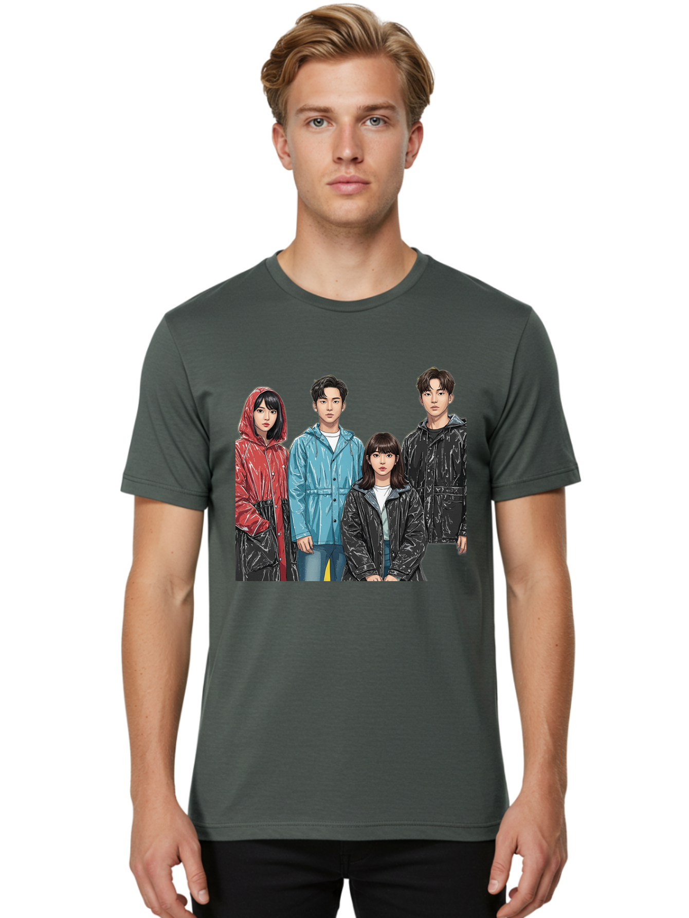 Four-People-In-Raincoats Men'S Graphic Tee, 100% Cotton, Comfortable Casual Summer Wear, Machine Washable, K-Pop Fashion, Raincoats, Youth Culture, Group Portrait, Black Hair, Stylish Clothing, Modern Teenagers, Trendy Outfits, Urban Style, Bab915