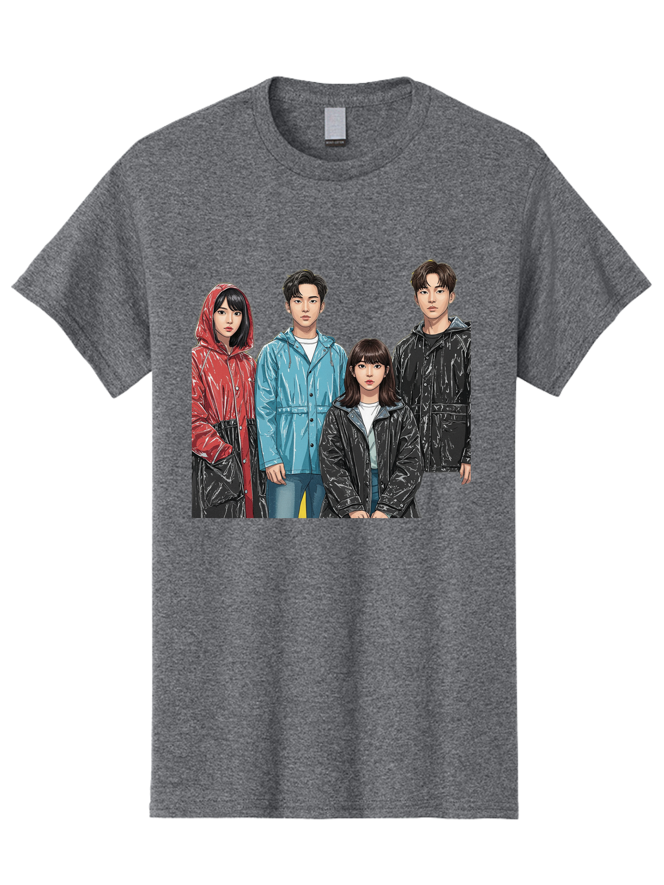 Four-People-In-Raincoats Men'S Graphic Tee, 100% Cotton, Comfortable Casual Summer Wear, Machine Washable, K-Pop Fashion, Raincoats, Youth Culture, Group Portrait, Black Hair, Stylish Clothing, Modern Teenagers, Trendy Outfits, Urban Style, Bab915