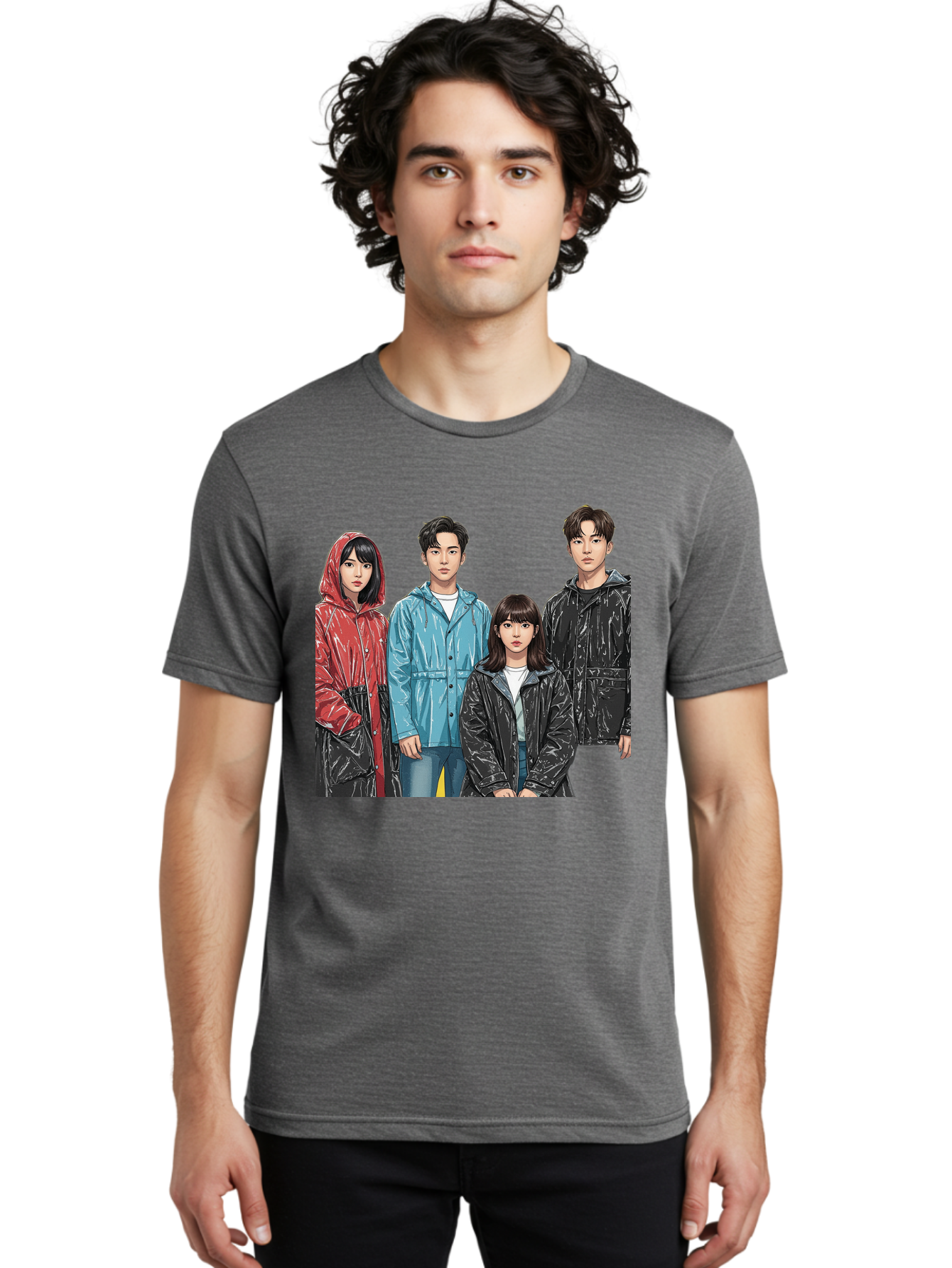 Four-People-In-Raincoats Men'S Graphic Tee, 100% Cotton, Comfortable Casual Summer Wear, Machine Washable, K-Pop Fashion, Raincoats, Youth Culture, Group Portrait, Black Hair, Stylish Clothing, Modern Teenagers, Trendy Outfits, Urban Style, Bab915