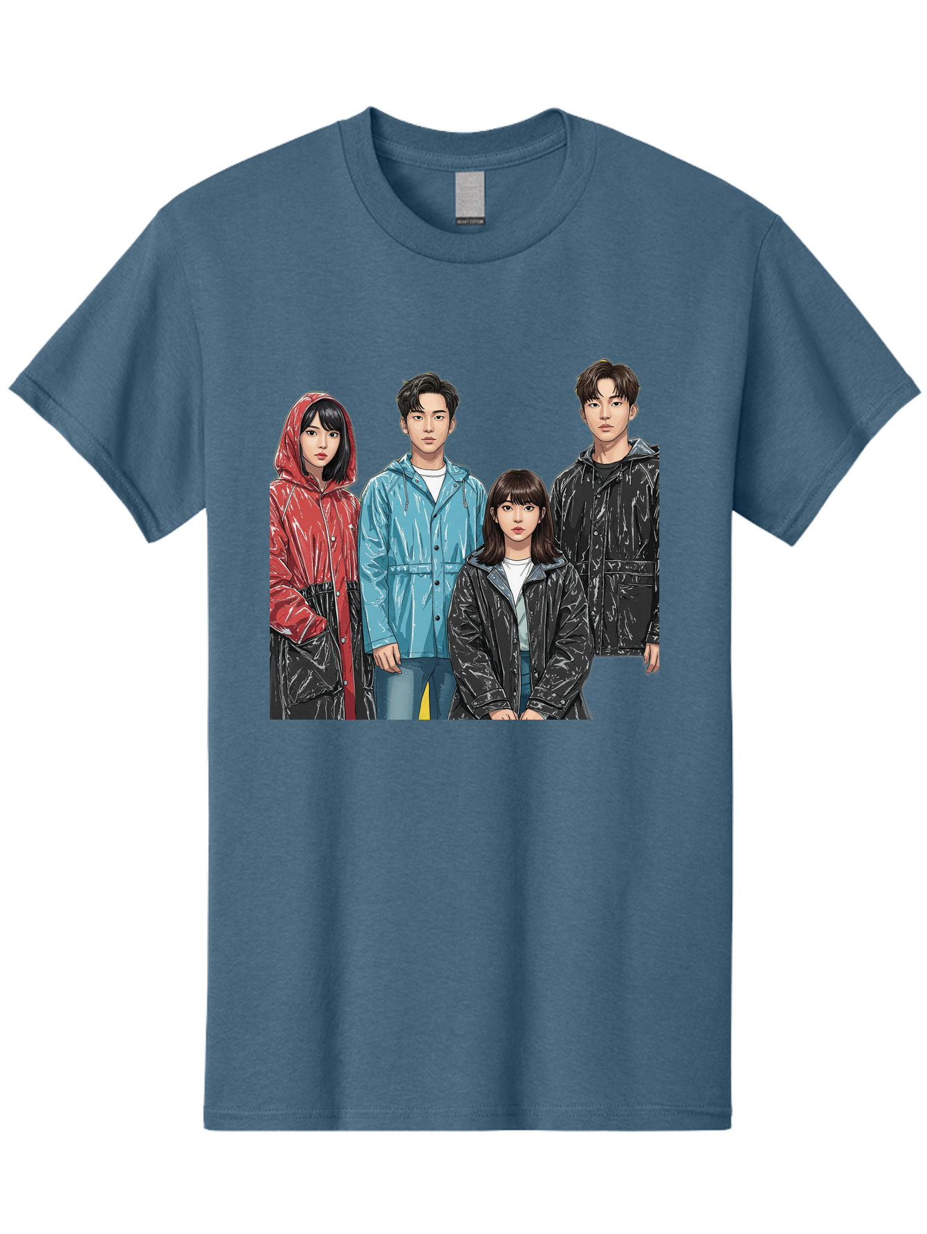 Four-People-In-Raincoats Men'S Graphic Tee, 100% Cotton, Comfortable Casual Summer Wear, Machine Washable, K-Pop Fashion, Raincoats, Youth Culture, Group Portrait, Black Hair, Stylish Clothing, Modern Teenagers, Trendy Outfits, Urban Style, Bab915