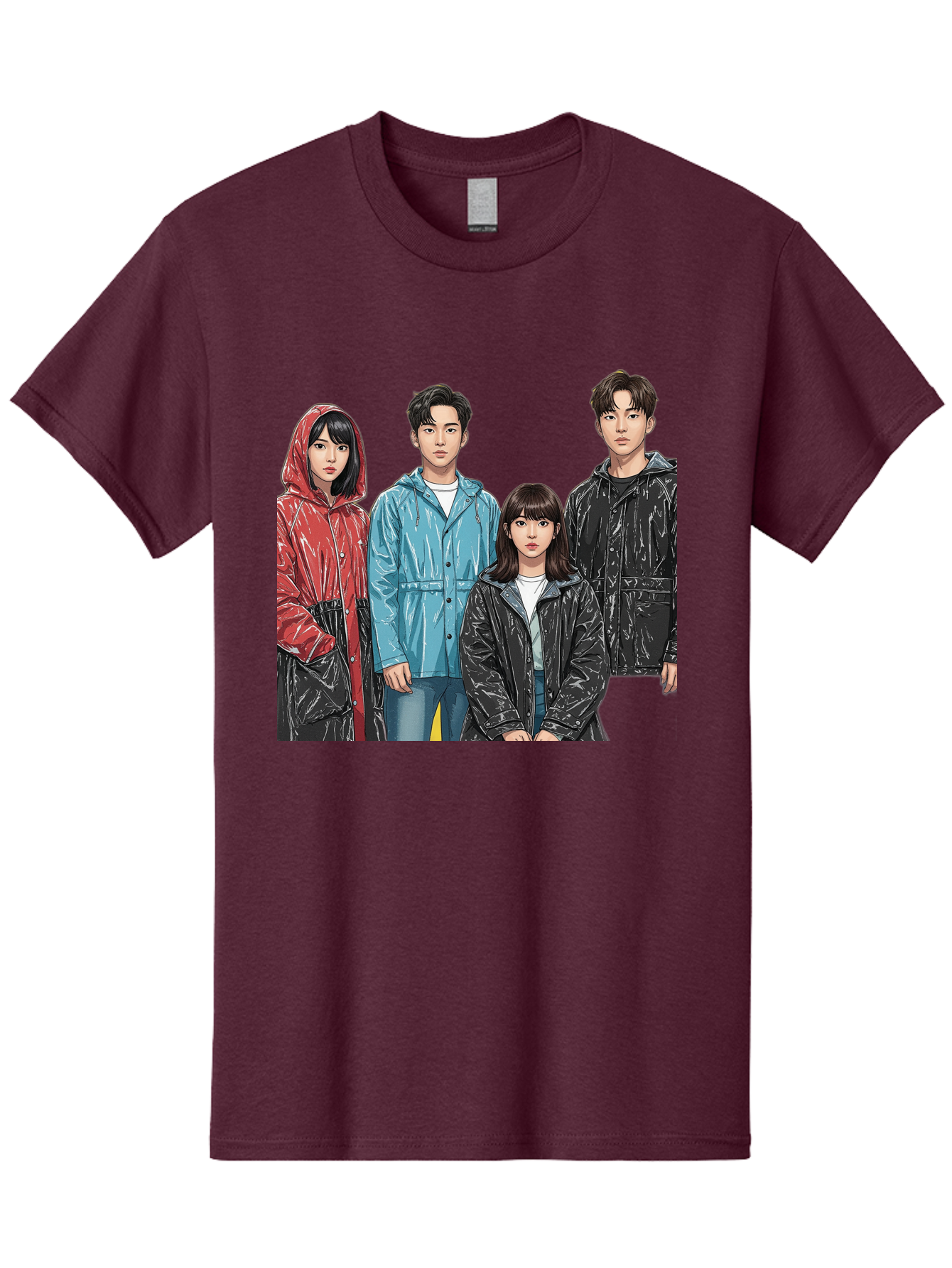 Four-People-In-Raincoats Men'S Graphic Tee, 100% Cotton, Comfortable Casual Summer Wear, Machine Washable, K-Pop Fashion, Raincoats, Youth Culture, Group Portrait, Black Hair, Stylish Clothing, Modern Teenagers, Trendy Outfits, Urban Style, Bab915