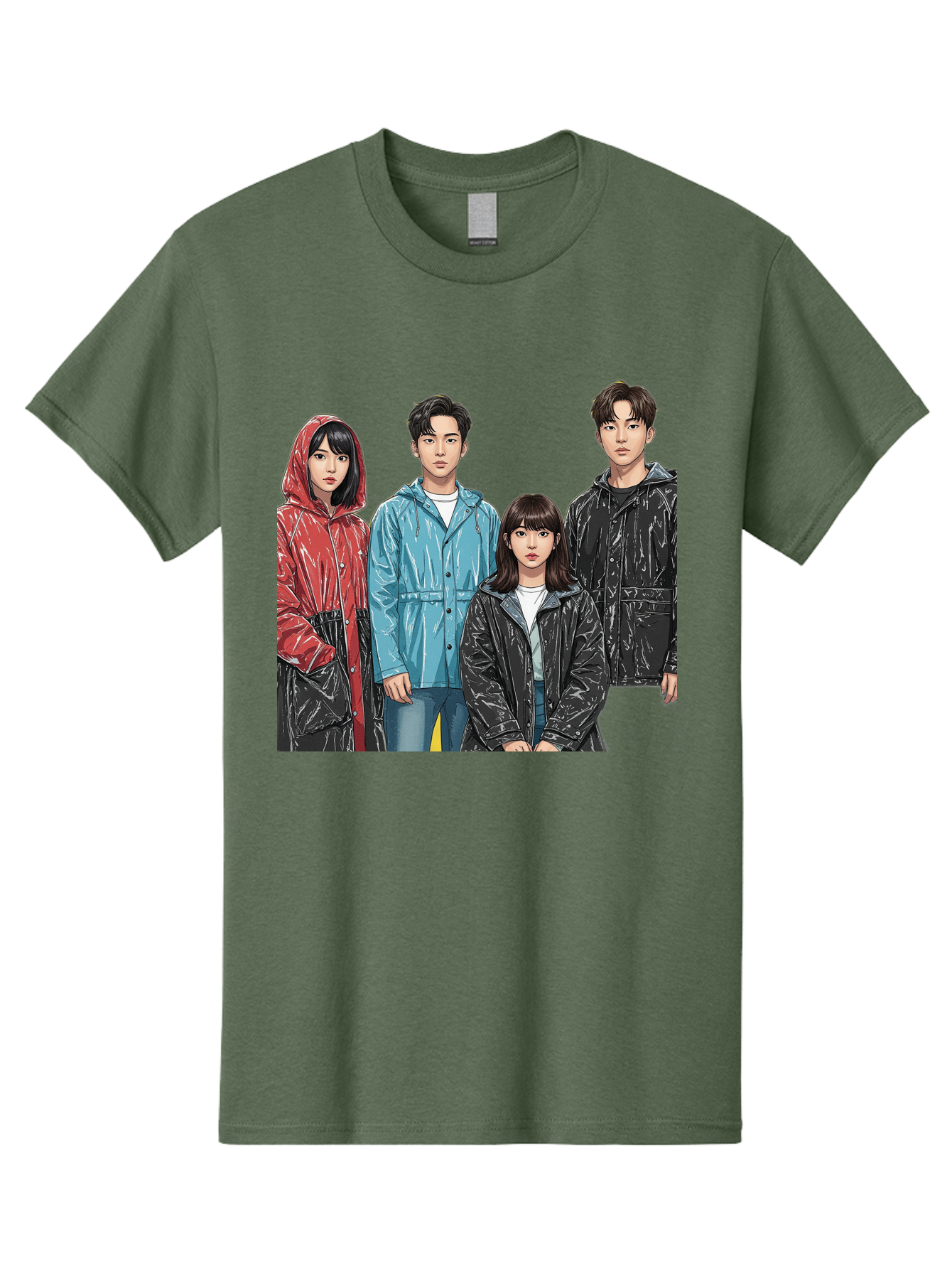 Four-People-In-Raincoats Men'S Graphic Tee, 100% Cotton, Comfortable Casual Summer Wear, Machine Washable, K-Pop Fashion, Raincoats, Youth Culture, Group Portrait, Black Hair, Stylish Clothing, Modern Teenagers, Trendy Outfits, Urban Style, Bab915