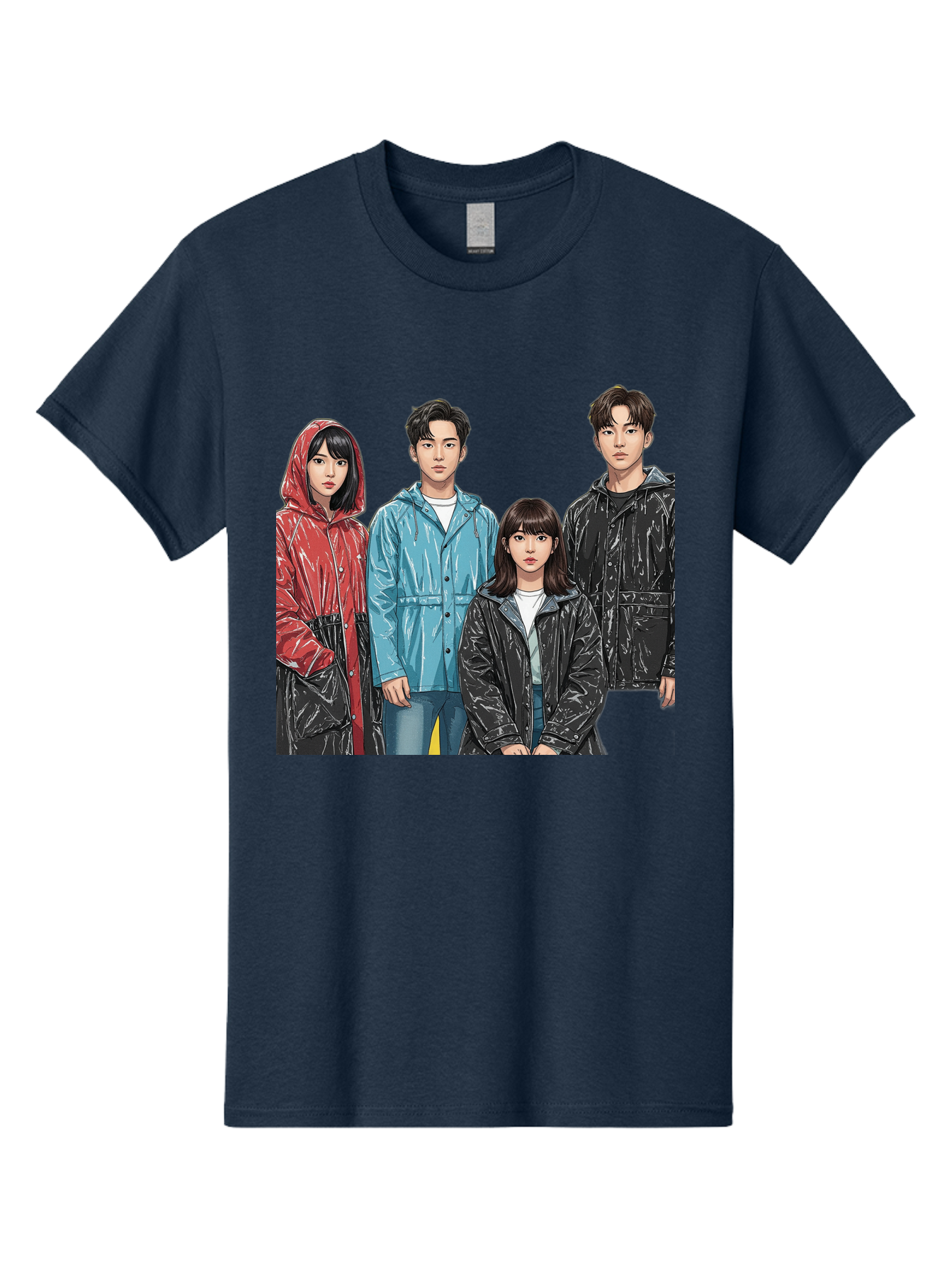 Four-People-In-Raincoats Men'S Graphic Tee, 100% Cotton, Comfortable Casual Summer Wear, Machine Washable, K-Pop Fashion, Raincoats, Youth Culture, Group Portrait, Black Hair, Stylish Clothing, Modern Teenagers, Trendy Outfits, Urban Style, Bab915
