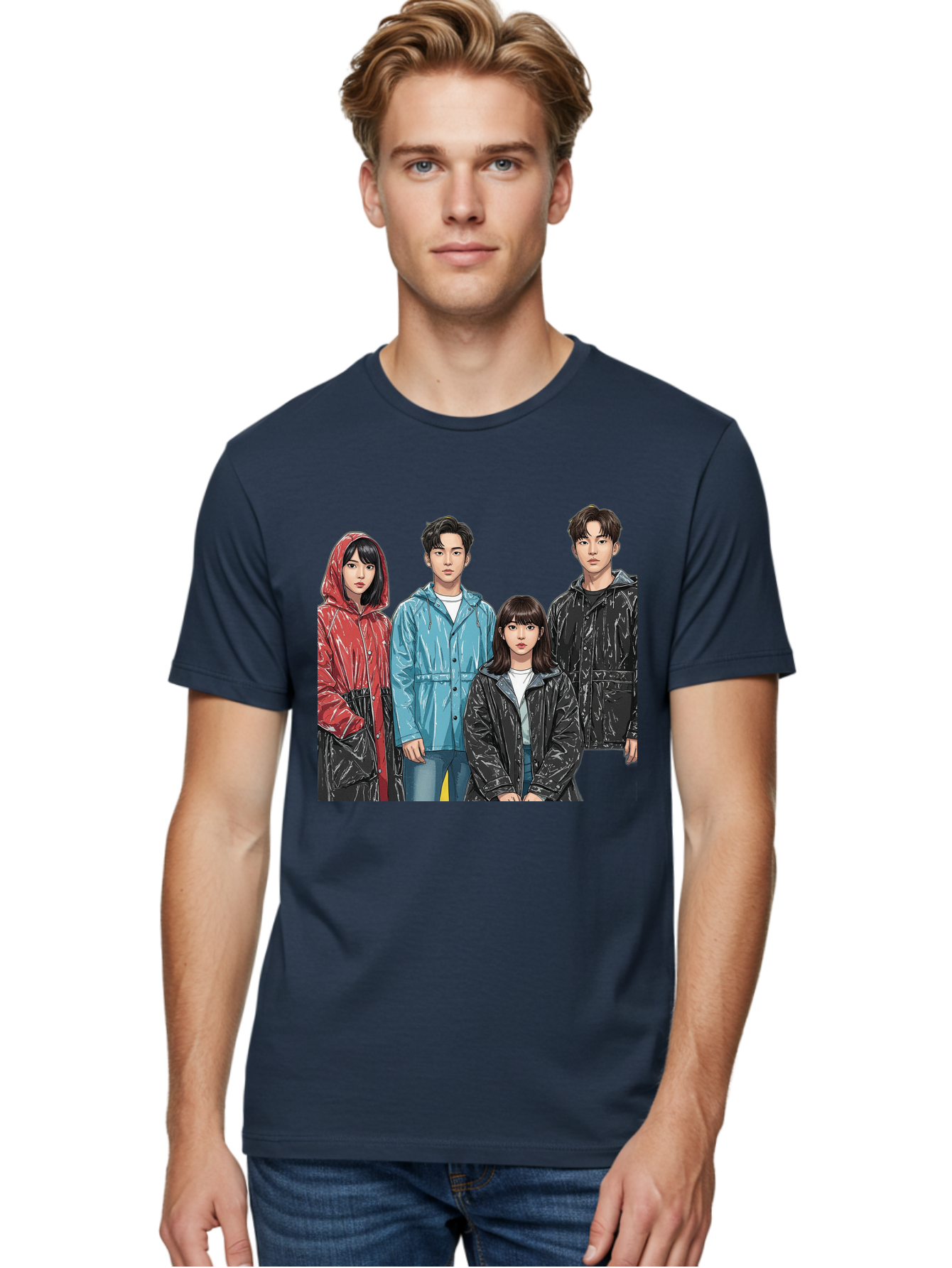 Four-People-In-Raincoats Men'S Graphic Tee, 100% Cotton, Comfortable Casual Summer Wear, Machine Washable, K-Pop Fashion, Raincoats, Youth Culture, Group Portrait, Black Hair, Stylish Clothing, Modern Teenagers, Trendy Outfits, Urban Style, Bab915