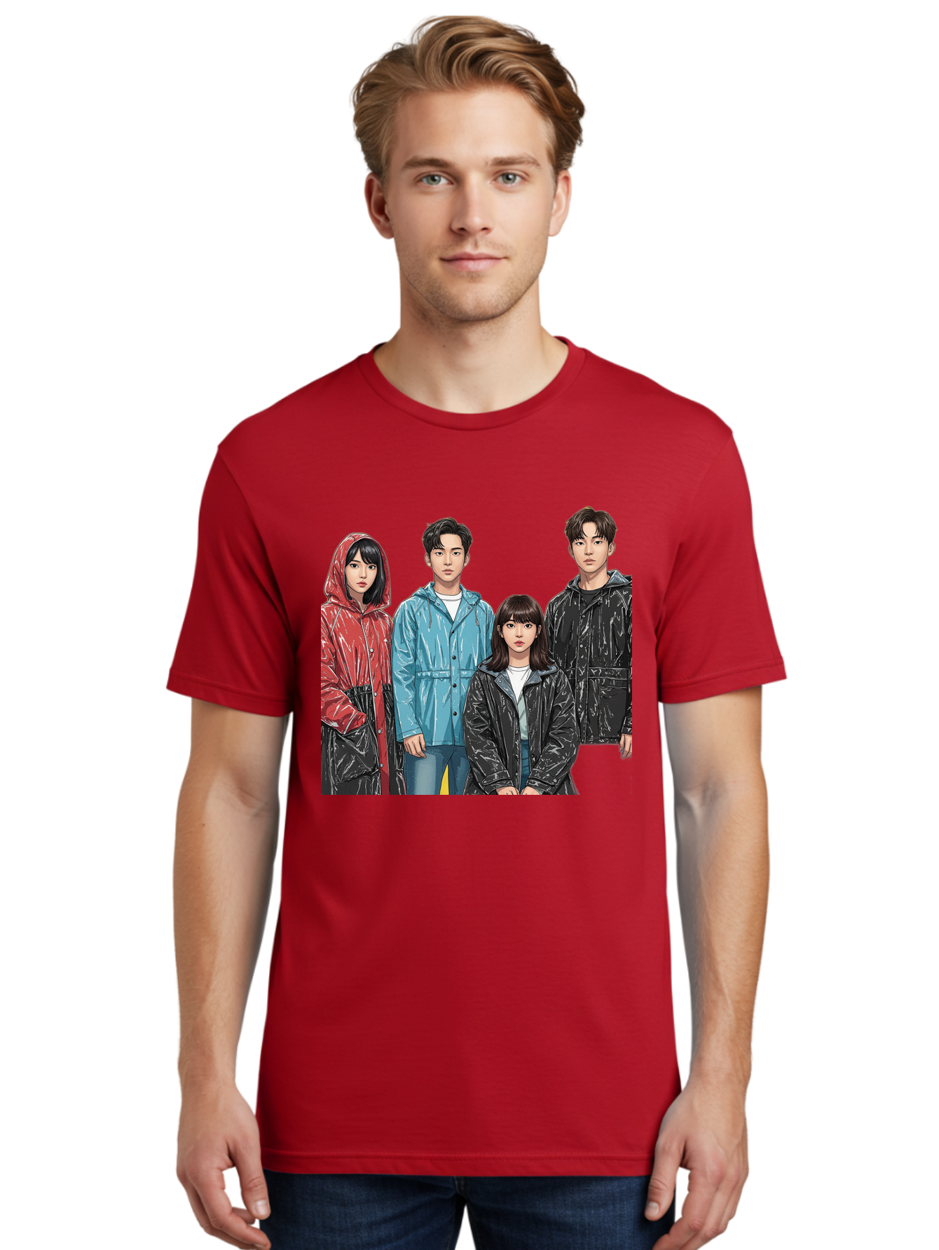 Four-People-In-Raincoats Men'S Graphic Tee, 100% Cotton, Comfortable Casual Summer Wear, Machine Washable, K-Pop Fashion, Raincoats, Youth Culture, Group Portrait, Black Hair, Stylish Clothing, Modern Teenagers, Trendy Outfits, Urban Style, Bab915