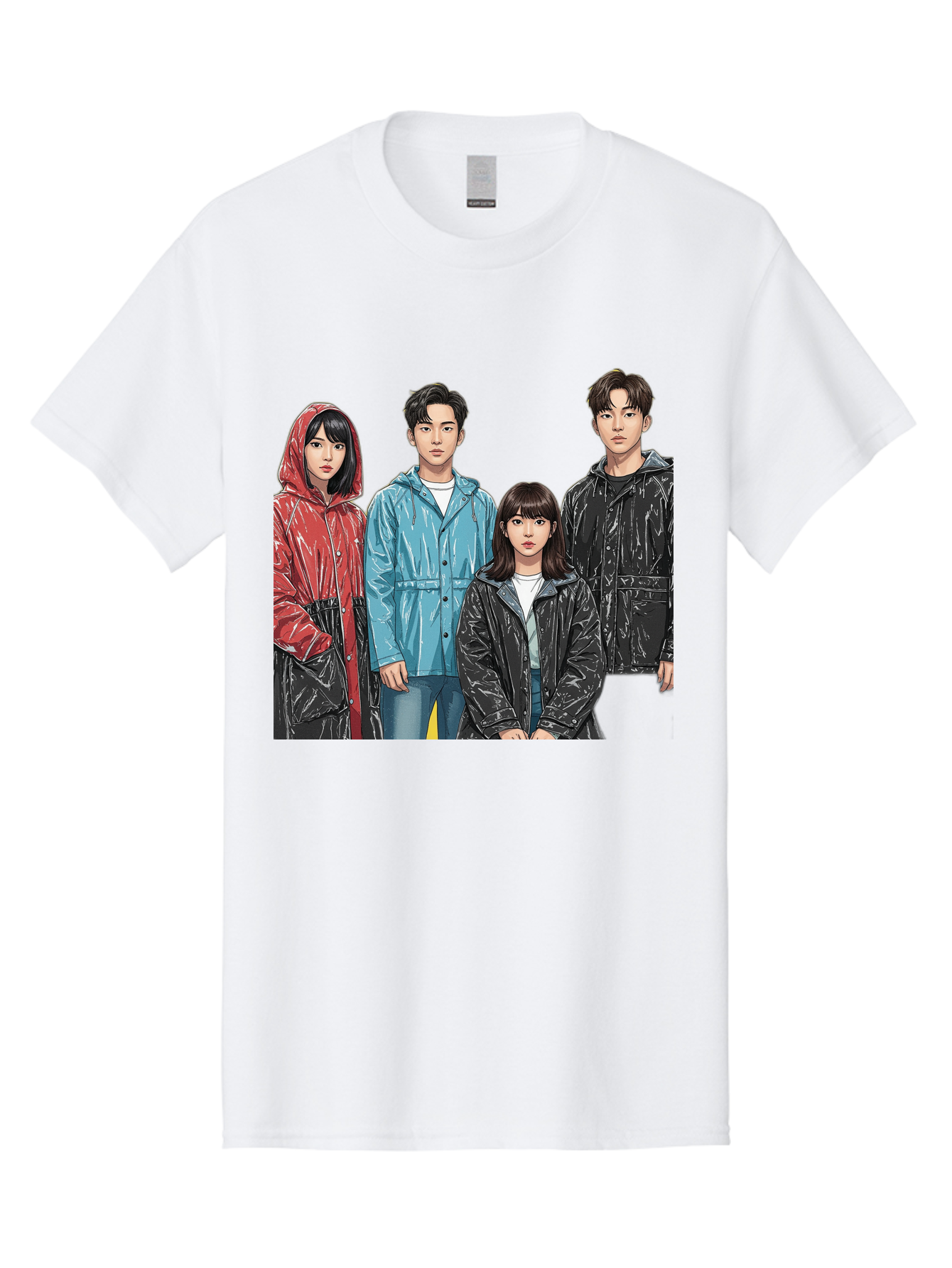 Four-People-In-Raincoats Men'S Graphic Tee, 100% Cotton, Comfortable Casual Summer Wear, Machine Washable, K-Pop Fashion, Raincoats, Youth Culture, Group Portrait, Black Hair, Stylish Clothing, Modern Teenagers, Trendy Outfits, Urban Style, Bab915