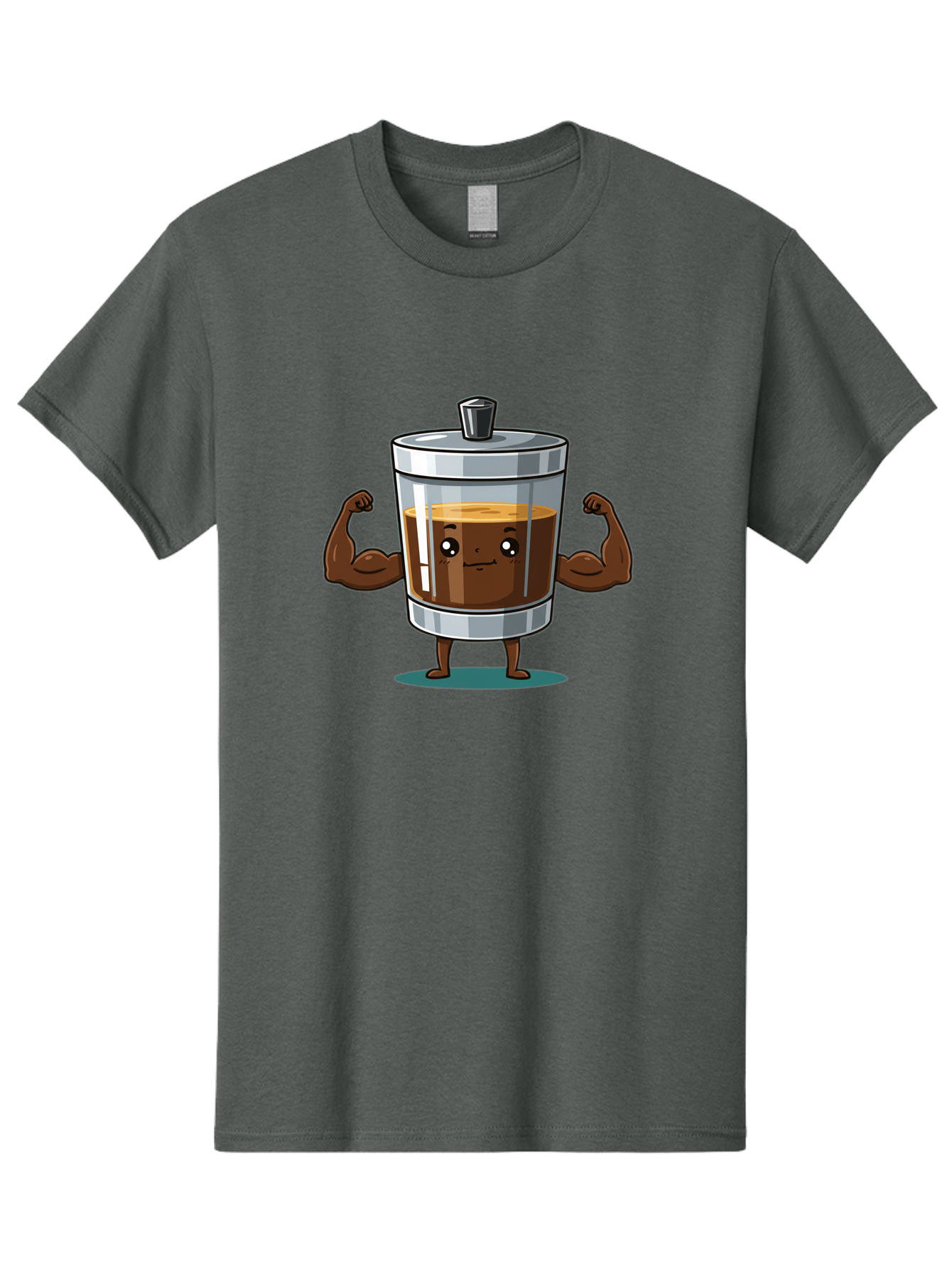 French-Press Men'S Graphic Tee, 100% Cotton, Comfortable Casual Summer Wear, Machine Washable, Cartoon Character, French Press, Coffee, Muscles, Flexing Arms, Happy Expression, Fitness, Motivation, Coffee Culture Bab916