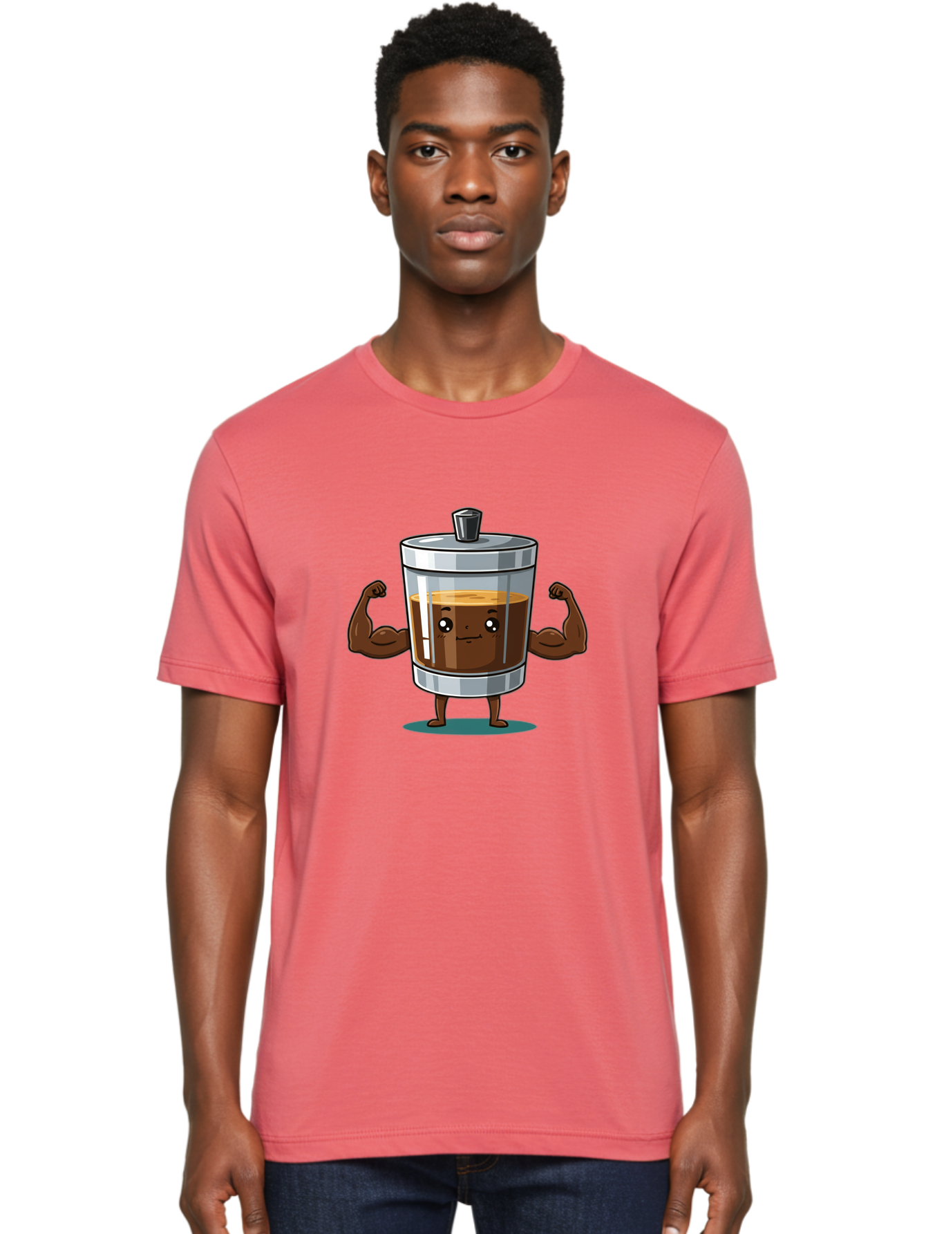 French-Press Men'S Graphic Tee, 100% Cotton, Comfortable Casual Summer Wear, Machine Washable, Cartoon Character, French Press, Coffee, Muscles, Flexing Arms, Happy Expression, Fitness, Motivation, Coffee Culture Bab916