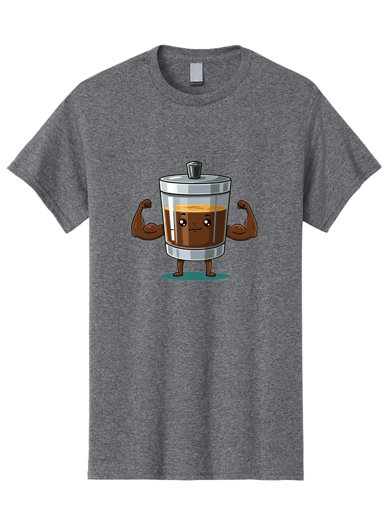 French-Press Men'S Graphic Tee, 100% Cotton, Comfortable Casual Summer Wear, Machine Washable, Cartoon Character, French Press, Coffee, Muscles, Flexing Arms, Happy Expression, Fitness, Motivation, Coffee Culture Bab916