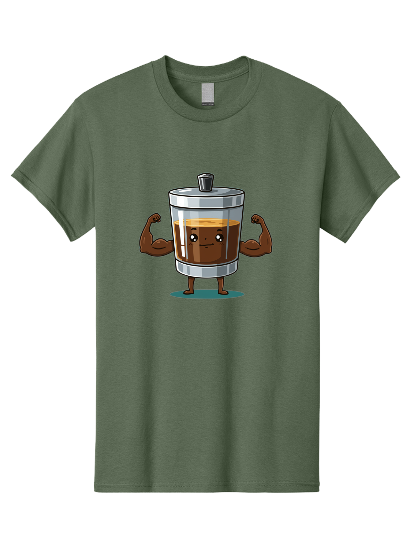 French-Press Men'S Graphic Tee, 100% Cotton, Comfortable Casual Summer Wear, Machine Washable, Cartoon Character, French Press, Coffee, Muscles, Flexing Arms, Happy Expression, Fitness, Motivation, Coffee Culture Bab916