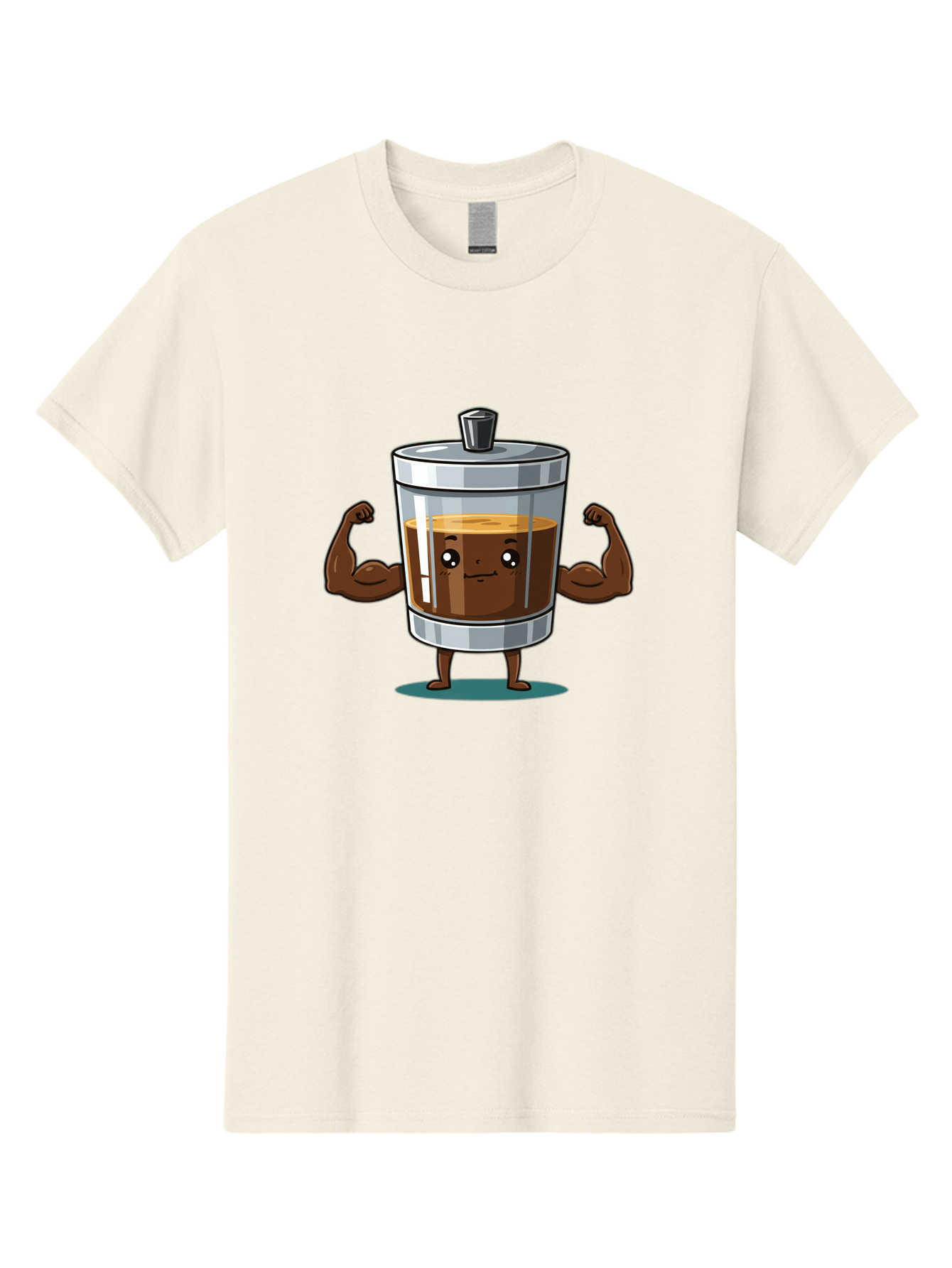 French-Press Men'S Graphic Tee, 100% Cotton, Comfortable Casual Summer Wear, Machine Washable, Cartoon Character, French Press, Coffee, Muscles, Flexing Arms, Happy Expression, Fitness, Motivation, Coffee Culture Bab916