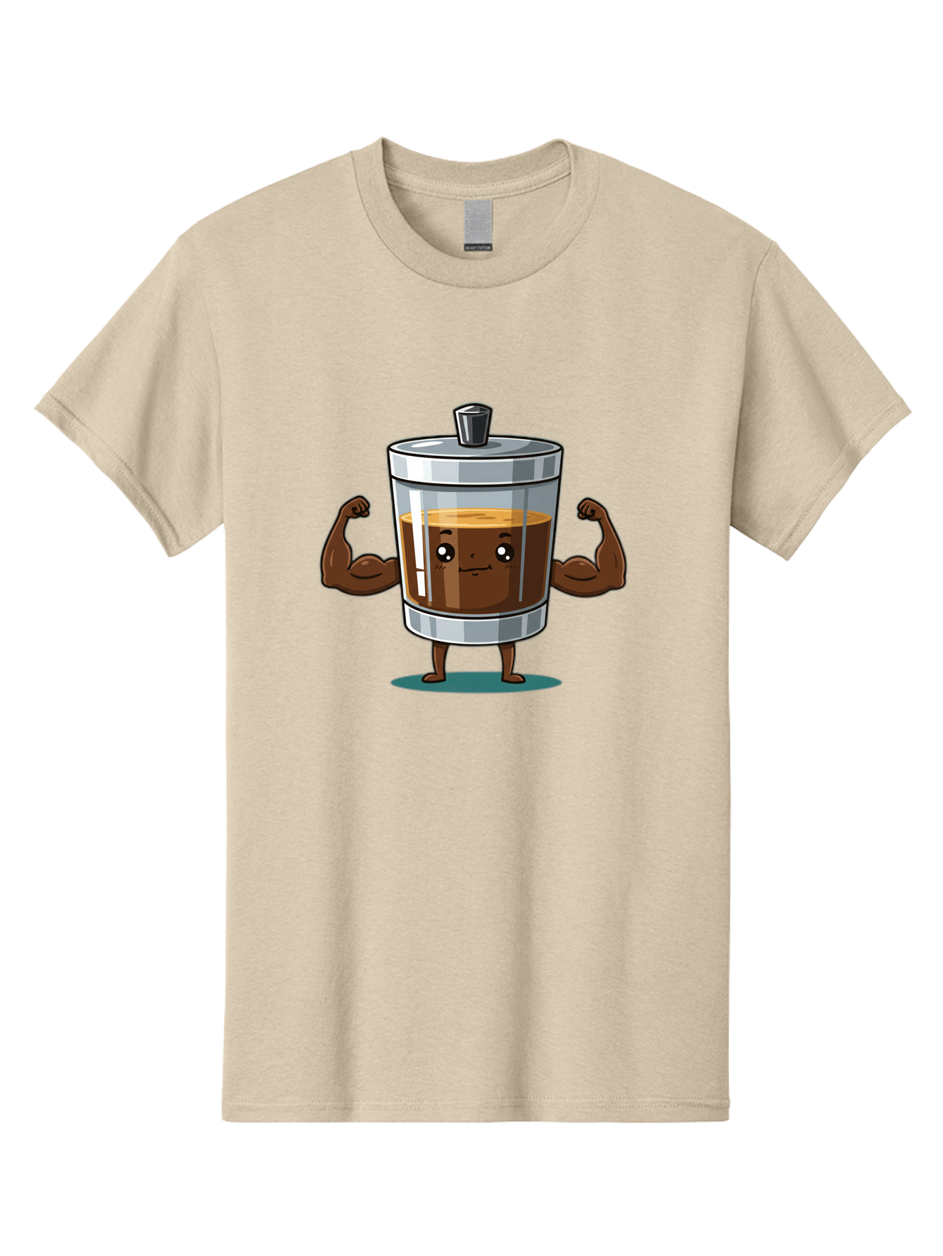 French-Press Men'S Graphic Tee, 100% Cotton, Comfortable Casual Summer Wear, Machine Washable, Cartoon Character, French Press, Coffee, Muscles, Flexing Arms, Happy Expression, Fitness, Motivation, Coffee Culture Bab916