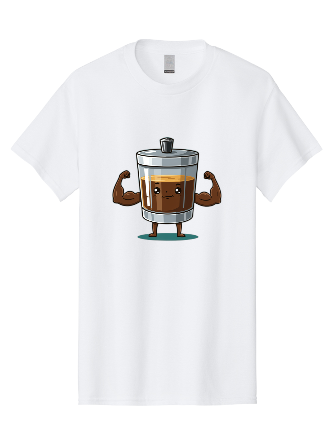 French-Press Men'S Graphic Tee, 100% Cotton, Comfortable Casual Summer Wear, Machine Washable, Cartoon Character, French Press, Coffee, Muscles, Flexing Arms, Happy Expression, Fitness, Motivation, Coffee Culture Bab916