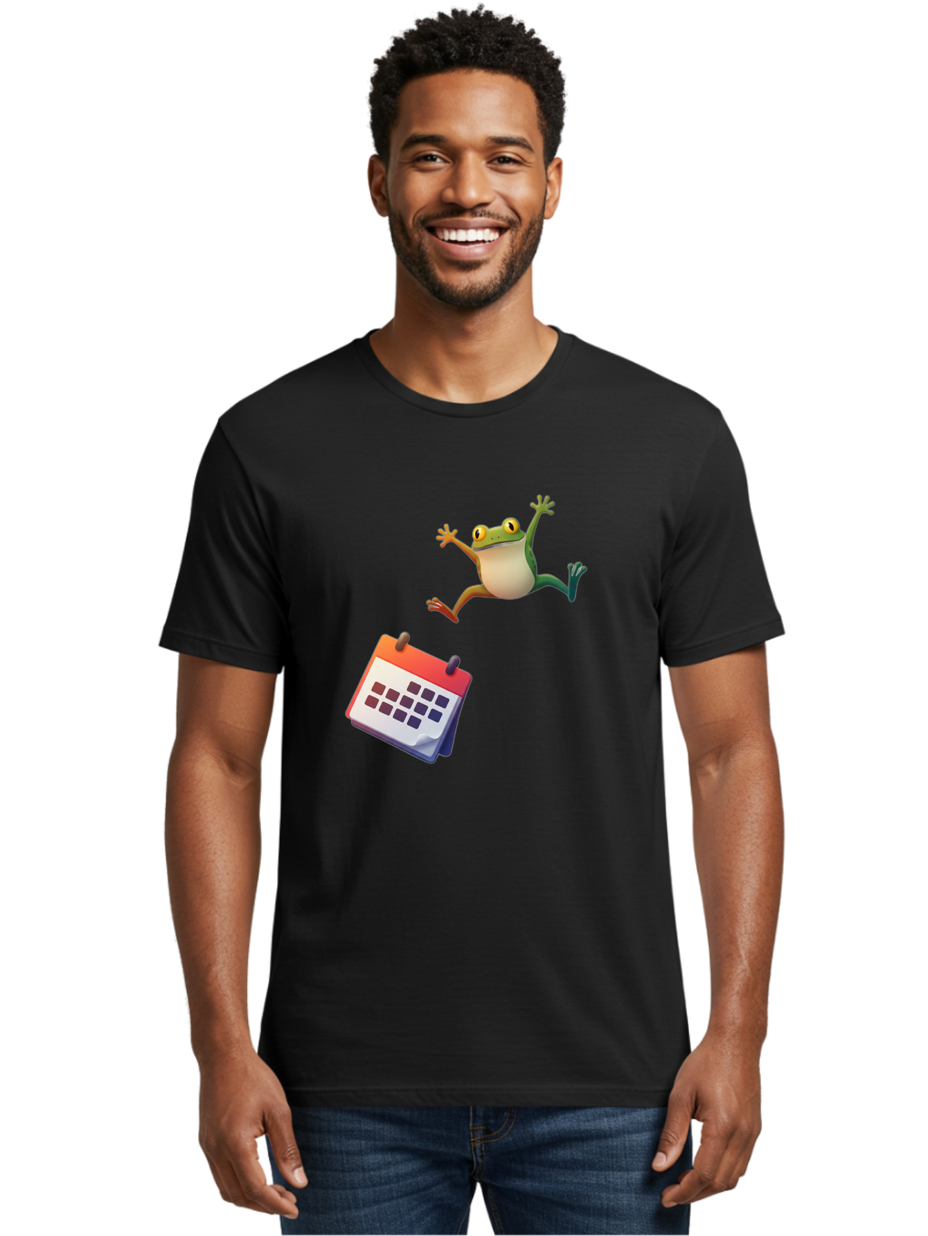 Frog-And-Calendar Men'S Graphic Tee, 100% Cotton, Comfortable Casual Summer Wear, Machine Washable, Cartoon Frog Jumping, Calendar With Blank Dates, Green Frog Character, Funny Amphibian, Calendar Design, Cartoon Style, Digital Illustration, Bab917