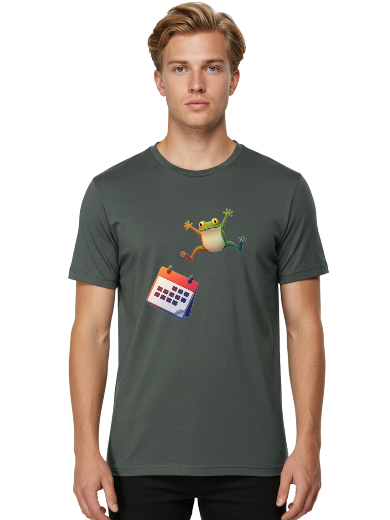 Frog-And-Calendar Men'S Graphic Tee, 100% Cotton, Comfortable Casual Summer Wear, Machine Washable, Cartoon Frog Jumping, Calendar With Blank Dates, Green Frog Character, Funny Amphibian, Calendar Design, Cartoon Style, Digital Illustration, Bab917