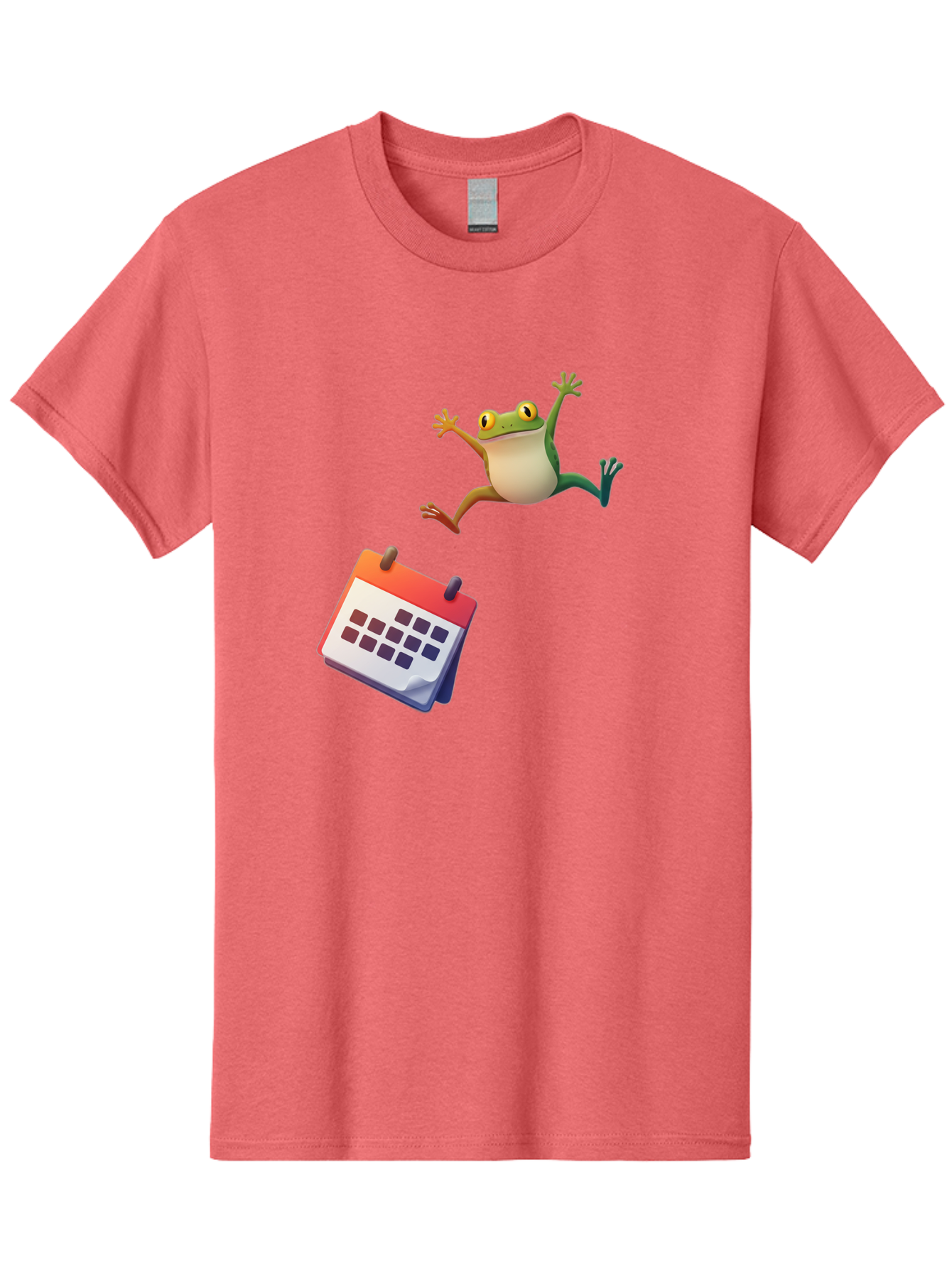 Frog-And-Calendar Men'S Graphic Tee, 100% Cotton, Comfortable Casual Summer Wear, Machine Washable, Cartoon Frog Jumping, Calendar With Blank Dates, Green Frog Character, Funny Amphibian, Calendar Design, Cartoon Style, Digital Illustration, Bab917