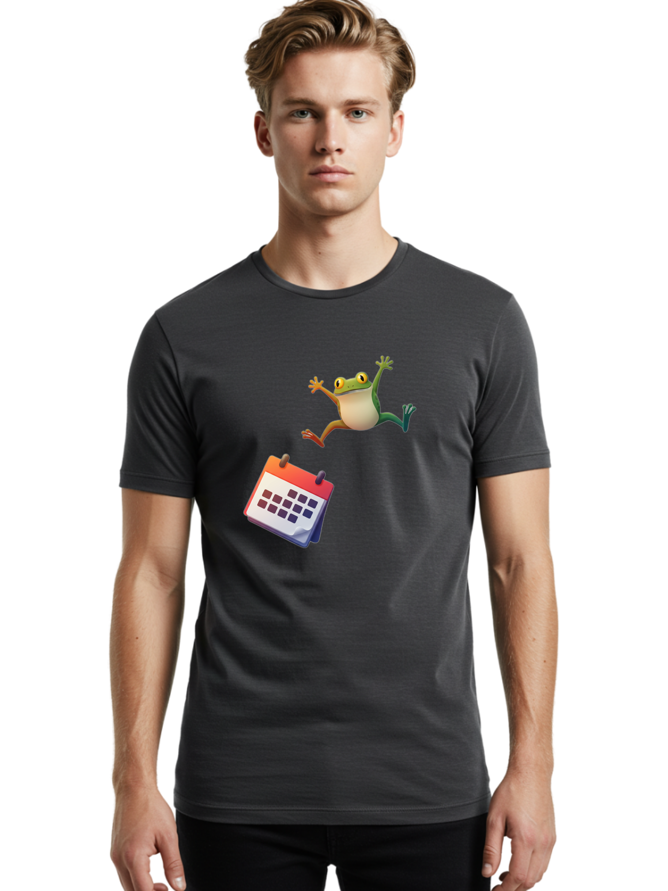Frog-And-Calendar Men'S Graphic Tee, 100% Cotton, Comfortable Casual Summer Wear, Machine Washable, Cartoon Frog Jumping, Calendar With Blank Dates, Green Frog Character, Funny Amphibian, Calendar Design, Cartoon Style, Digital Illustration, Bab917