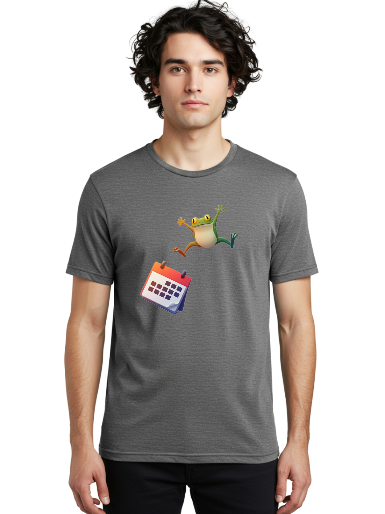 Frog-And-Calendar Men'S Graphic Tee, 100% Cotton, Comfortable Casual Summer Wear, Machine Washable, Cartoon Frog Jumping, Calendar With Blank Dates, Green Frog Character, Funny Amphibian, Calendar Design, Cartoon Style, Digital Illustration, Bab917