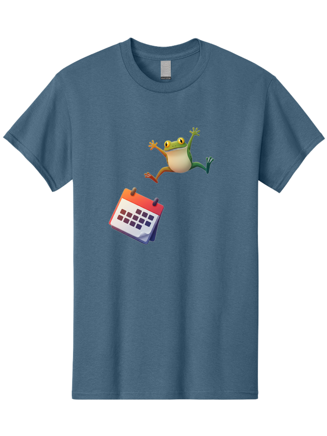 Frog-And-Calendar Men'S Graphic Tee, 100% Cotton, Comfortable Casual Summer Wear, Machine Washable, Cartoon Frog Jumping, Calendar With Blank Dates, Green Frog Character, Funny Amphibian, Calendar Design, Cartoon Style, Digital Illustration, Bab917