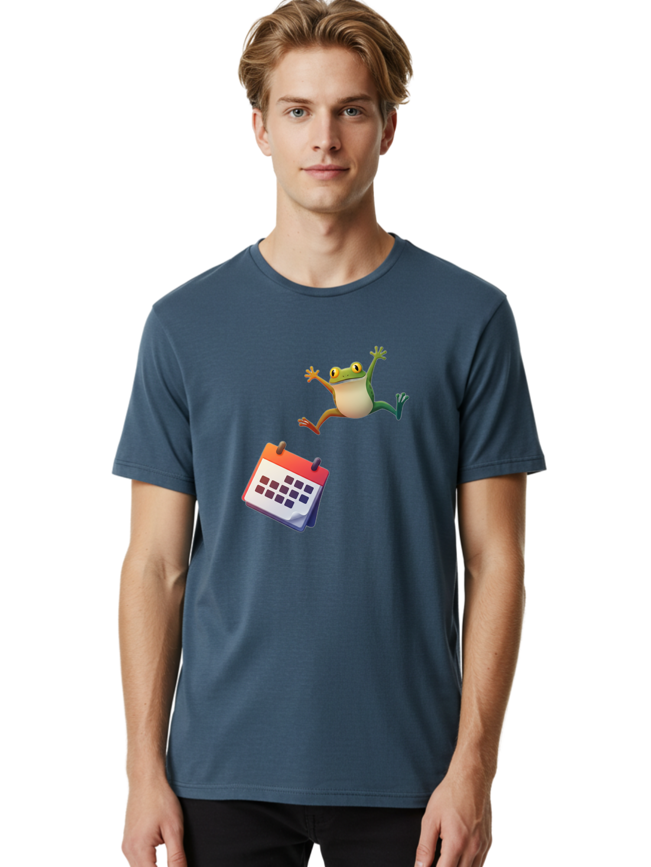 Frog-And-Calendar Men'S Graphic Tee, 100% Cotton, Comfortable Casual Summer Wear, Machine Washable, Cartoon Frog Jumping, Calendar With Blank Dates, Green Frog Character, Funny Amphibian, Calendar Design, Cartoon Style, Digital Illustration, Bab917