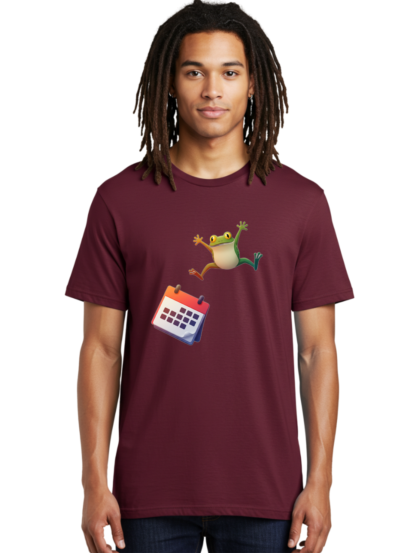 Frog-And-Calendar Men'S Graphic Tee, 100% Cotton, Comfortable Casual Summer Wear, Machine Washable, Cartoon Frog Jumping, Calendar With Blank Dates, Green Frog Character, Funny Amphibian, Calendar Design, Cartoon Style, Digital Illustration, Bab917