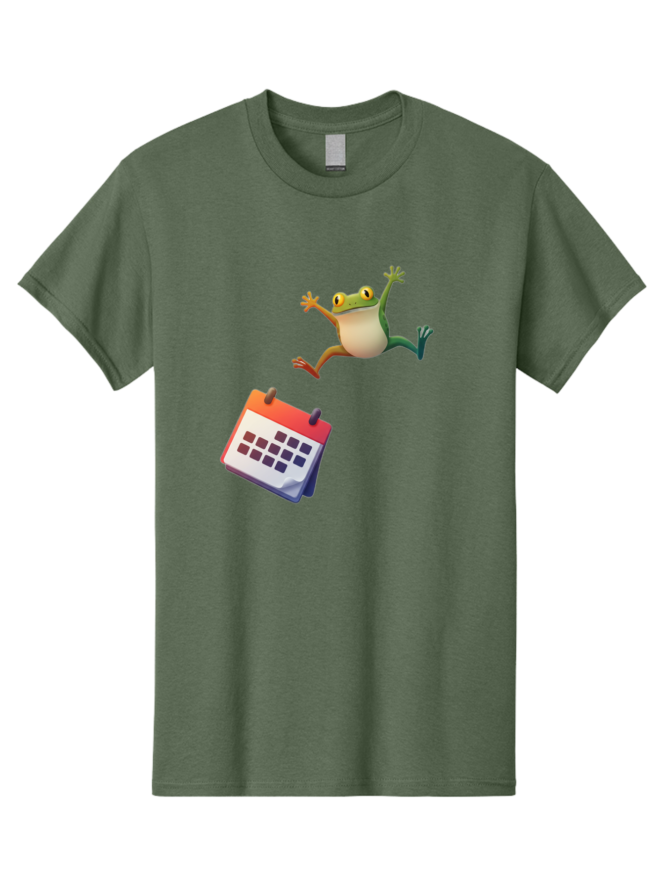 Frog-And-Calendar Men'S Graphic Tee, 100% Cotton, Comfortable Casual Summer Wear, Machine Washable, Cartoon Frog Jumping, Calendar With Blank Dates, Green Frog Character, Funny Amphibian, Calendar Design, Cartoon Style, Digital Illustration, Bab917