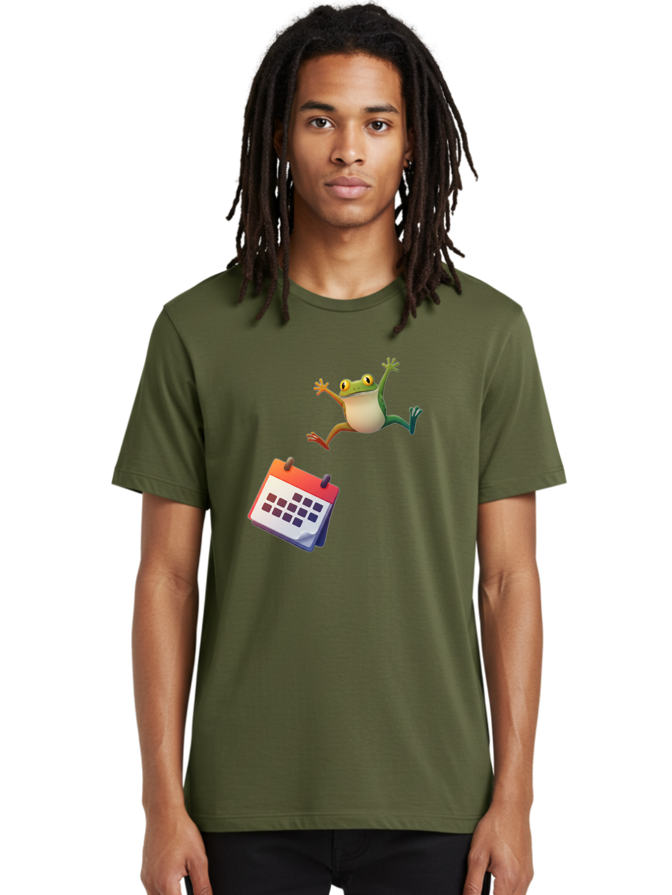 Frog-And-Calendar Men'S Graphic Tee, 100% Cotton, Comfortable Casual Summer Wear, Machine Washable, Cartoon Frog Jumping, Calendar With Blank Dates, Green Frog Character, Funny Amphibian, Calendar Design, Cartoon Style, Digital Illustration, Bab917