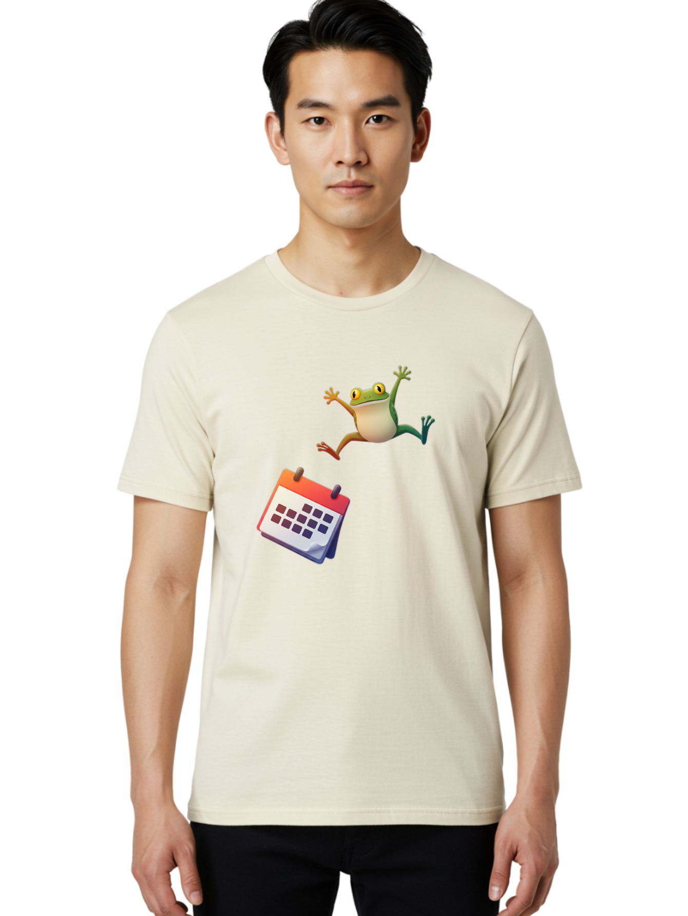 Frog-And-Calendar Men'S Graphic Tee, 100% Cotton, Comfortable Casual Summer Wear, Machine Washable, Cartoon Frog Jumping, Calendar With Blank Dates, Green Frog Character, Funny Amphibian, Calendar Design, Cartoon Style, Digital Illustration, Bab917