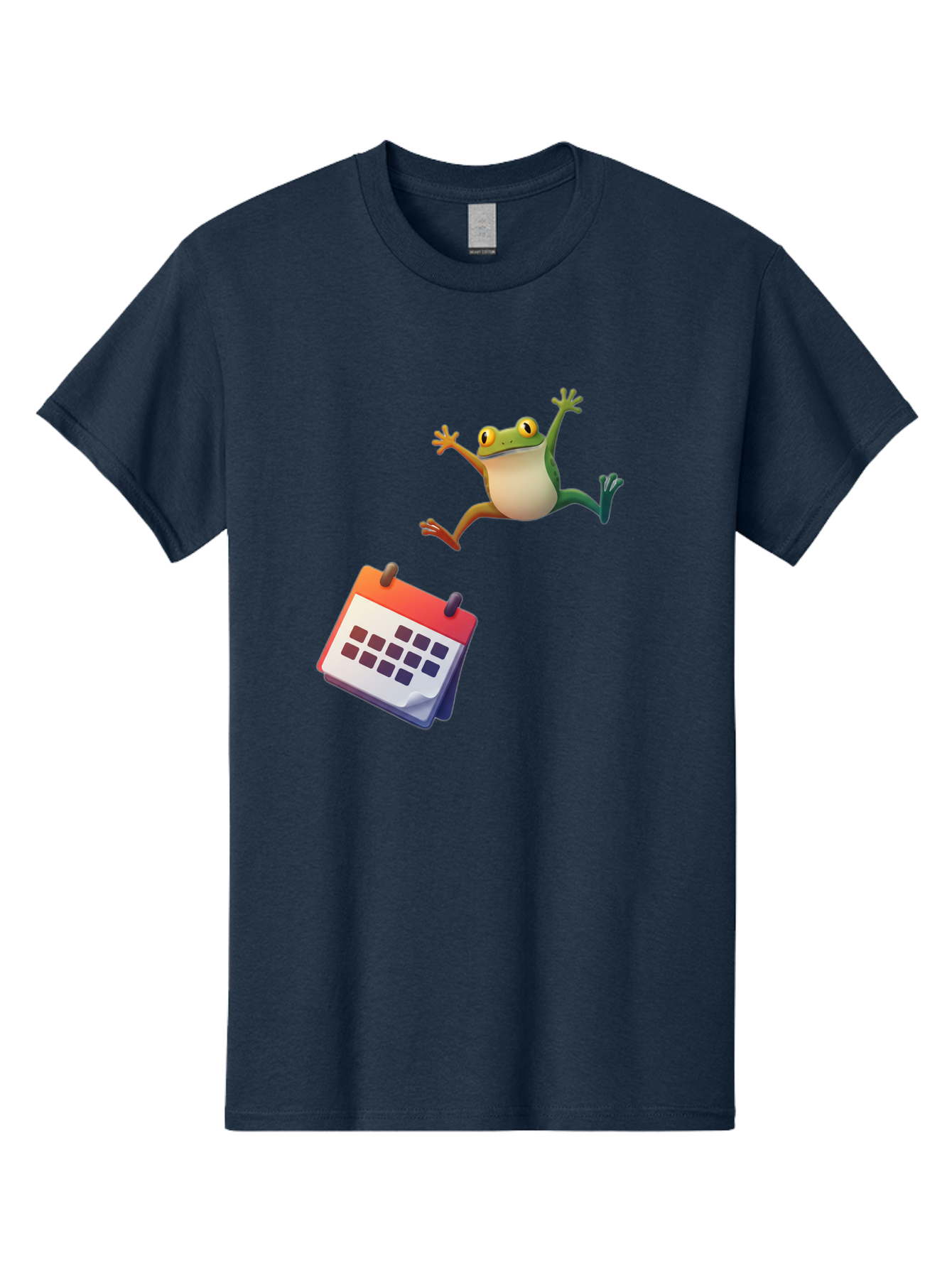 Frog-And-Calendar Men'S Graphic Tee, 100% Cotton, Comfortable Casual Summer Wear, Machine Washable, Cartoon Frog Jumping, Calendar With Blank Dates, Green Frog Character, Funny Amphibian, Calendar Design, Cartoon Style, Digital Illustration, Bab917