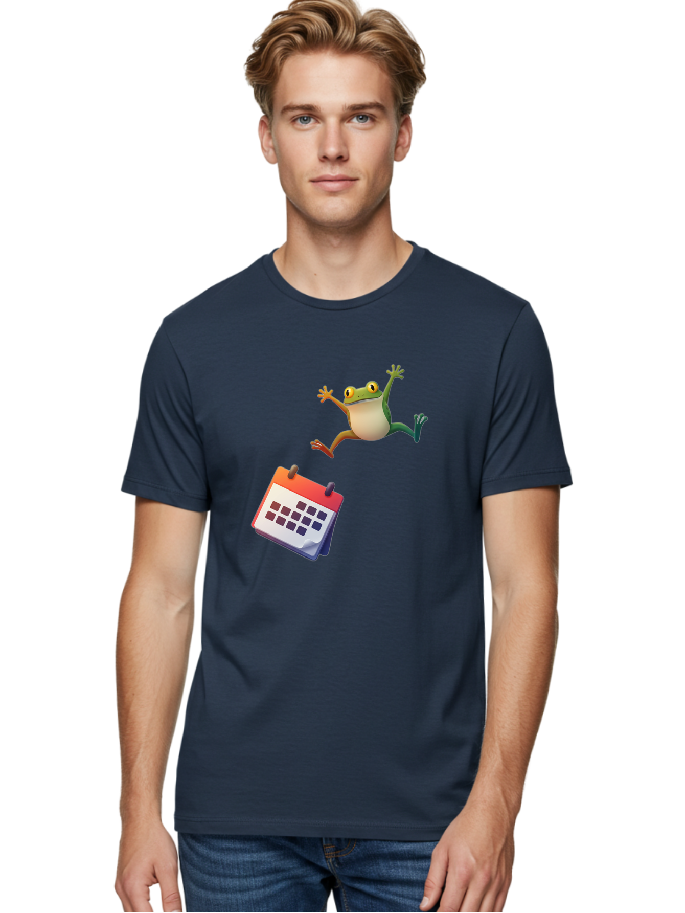 Frog-And-Calendar Men'S Graphic Tee, 100% Cotton, Comfortable Casual Summer Wear, Machine Washable, Cartoon Frog Jumping, Calendar With Blank Dates, Green Frog Character, Funny Amphibian, Calendar Design, Cartoon Style, Digital Illustration, Bab917