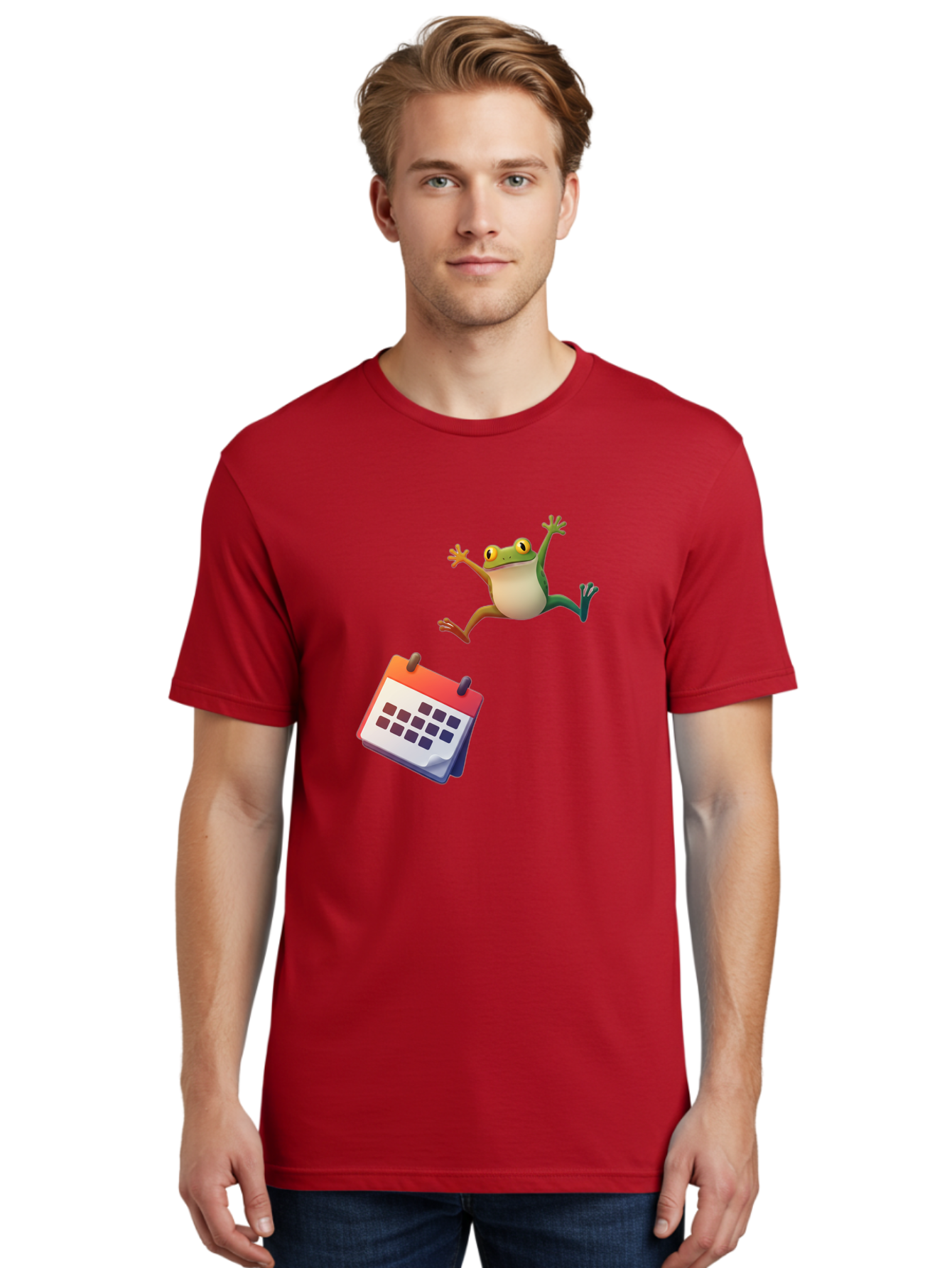 Frog-And-Calendar Men'S Graphic Tee, 100% Cotton, Comfortable Casual Summer Wear, Machine Washable, Cartoon Frog Jumping, Calendar With Blank Dates, Green Frog Character, Funny Amphibian, Calendar Design, Cartoon Style, Digital Illustration, Bab917