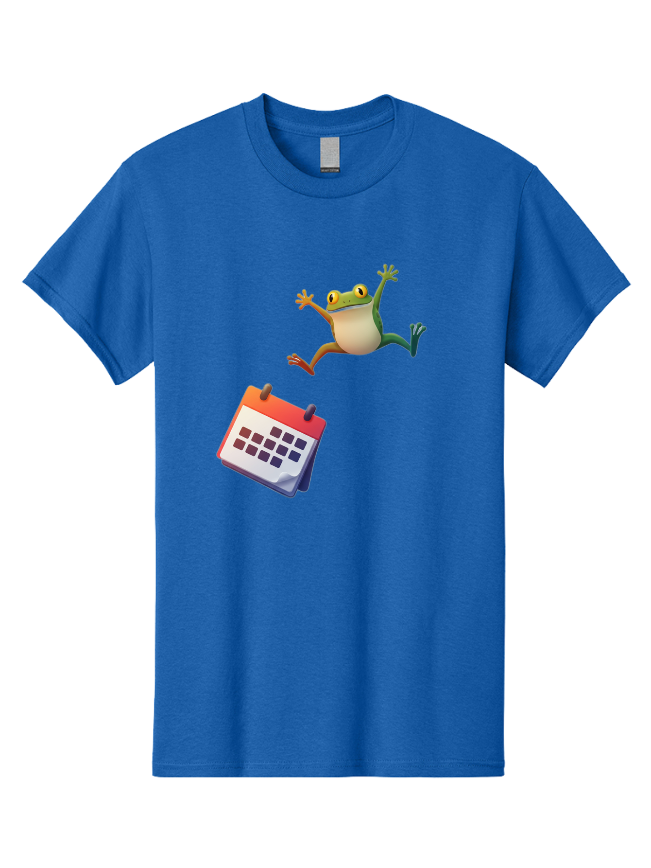 Frog-And-Calendar Men'S Graphic Tee, 100% Cotton, Comfortable Casual Summer Wear, Machine Washable, Cartoon Frog Jumping, Calendar With Blank Dates, Green Frog Character, Funny Amphibian, Calendar Design, Cartoon Style, Digital Illustration, Bab917