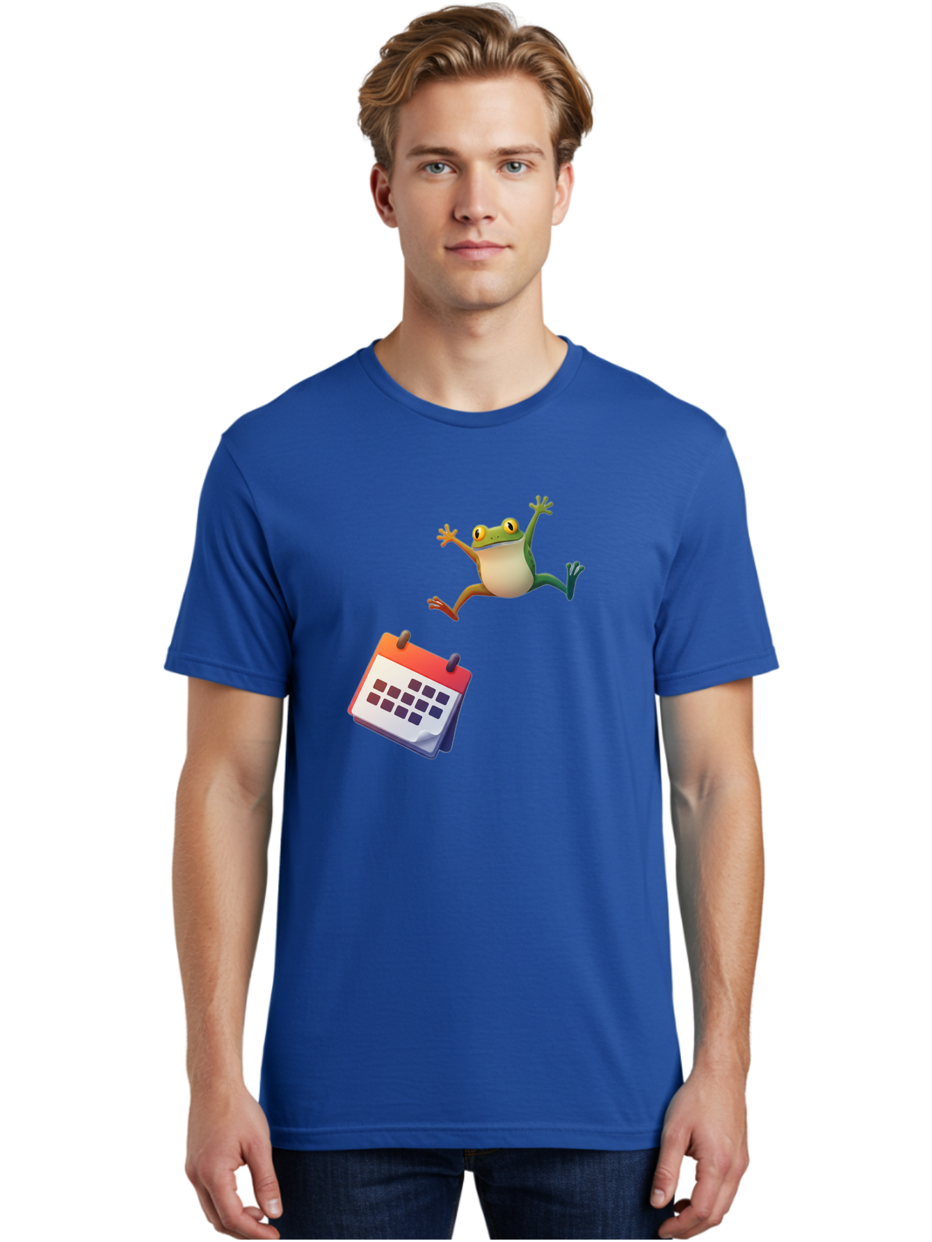 Frog-And-Calendar Men'S Graphic Tee, 100% Cotton, Comfortable Casual Summer Wear, Machine Washable, Cartoon Frog Jumping, Calendar With Blank Dates, Green Frog Character, Funny Amphibian, Calendar Design, Cartoon Style, Digital Illustration, Bab917