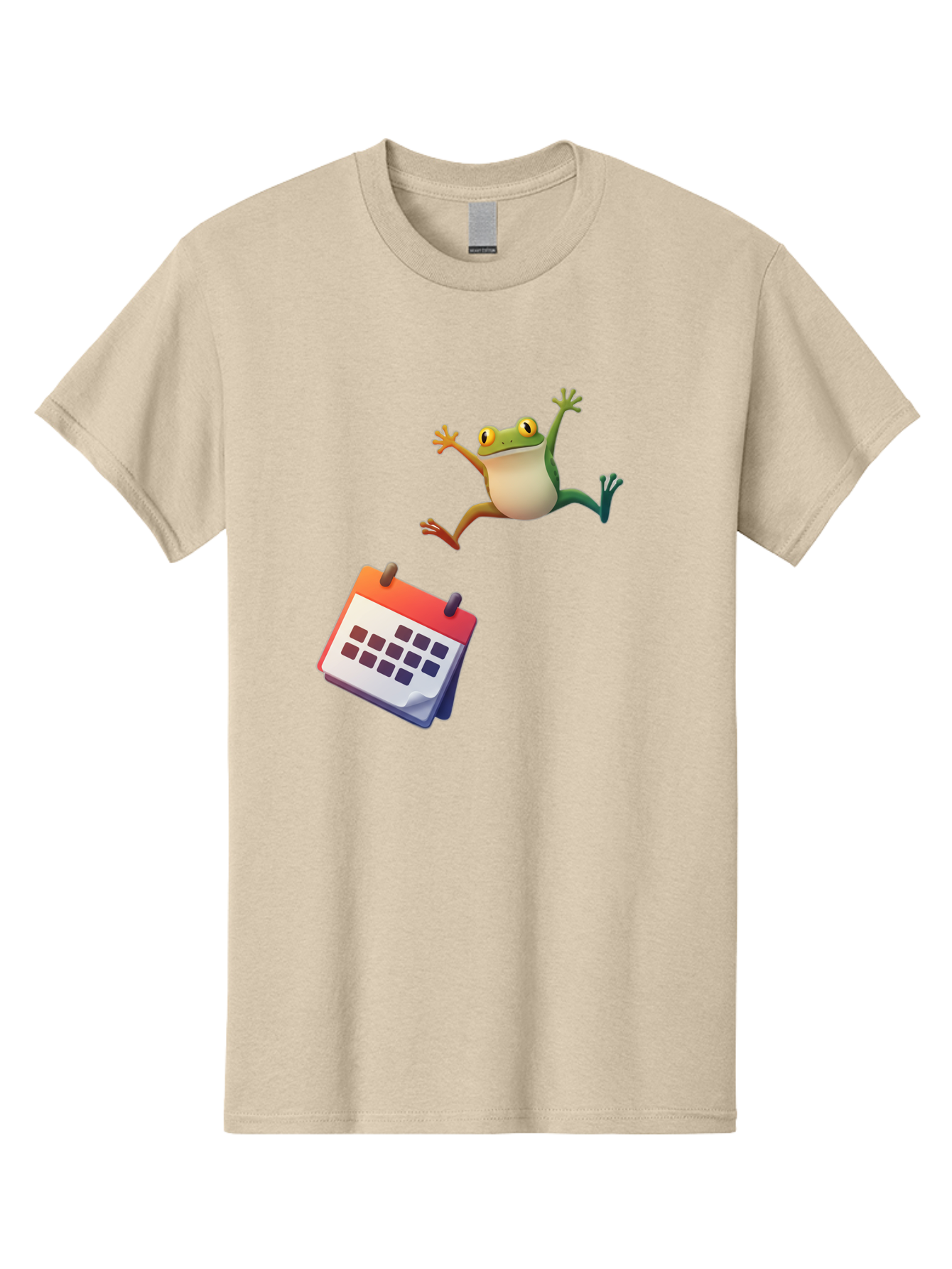 Frog-And-Calendar Men'S Graphic Tee, 100% Cotton, Comfortable Casual Summer Wear, Machine Washable, Cartoon Frog Jumping, Calendar With Blank Dates, Green Frog Character, Funny Amphibian, Calendar Design, Cartoon Style, Digital Illustration, Bab917